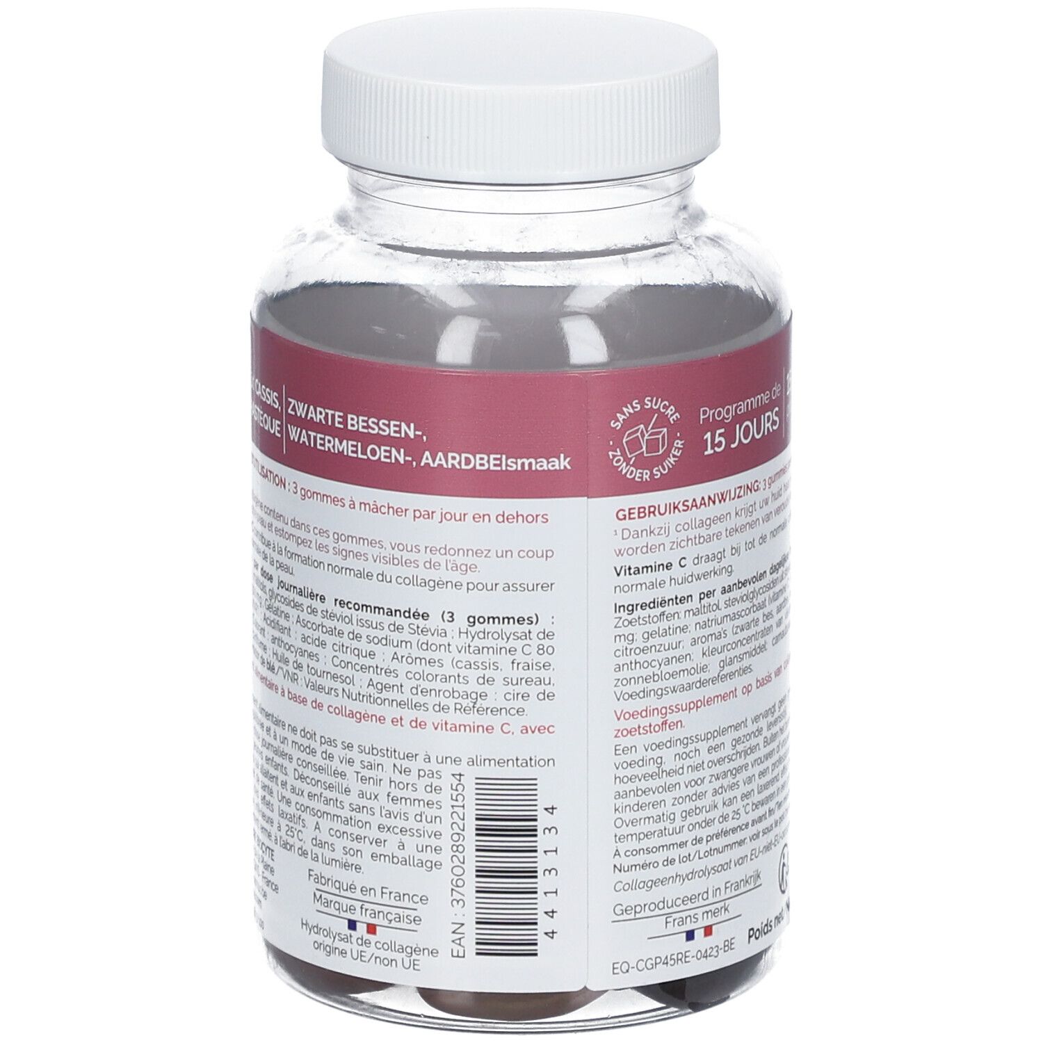 Dos du flacon BIOCYTE Collagen Express Gummies. Texte: saveurs, conseils d'utilisation, sans gluten.