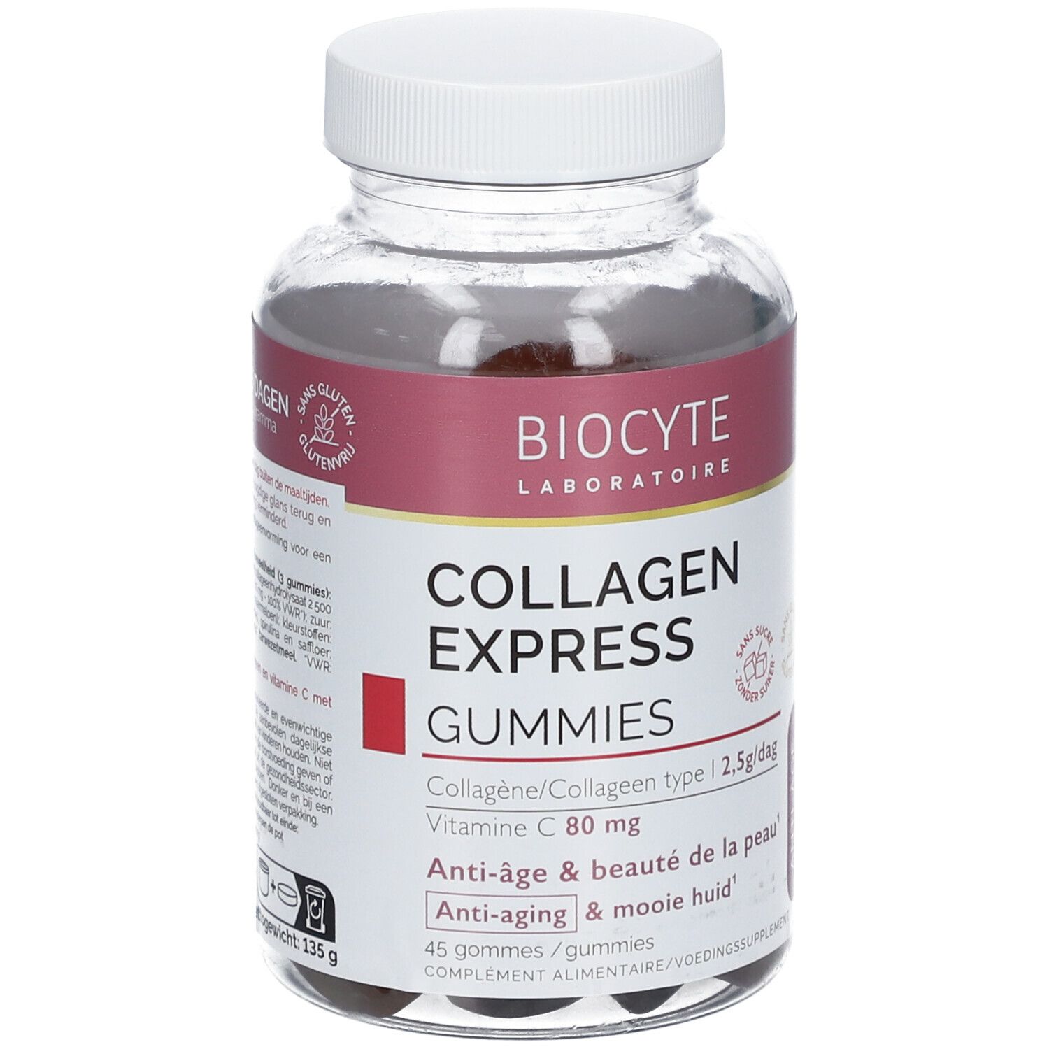 Flacon transparent de BIOCYTE Collagen Express Gummies, bouchon blanc. Inscription: Collagen Express Gummies, vitamine C.