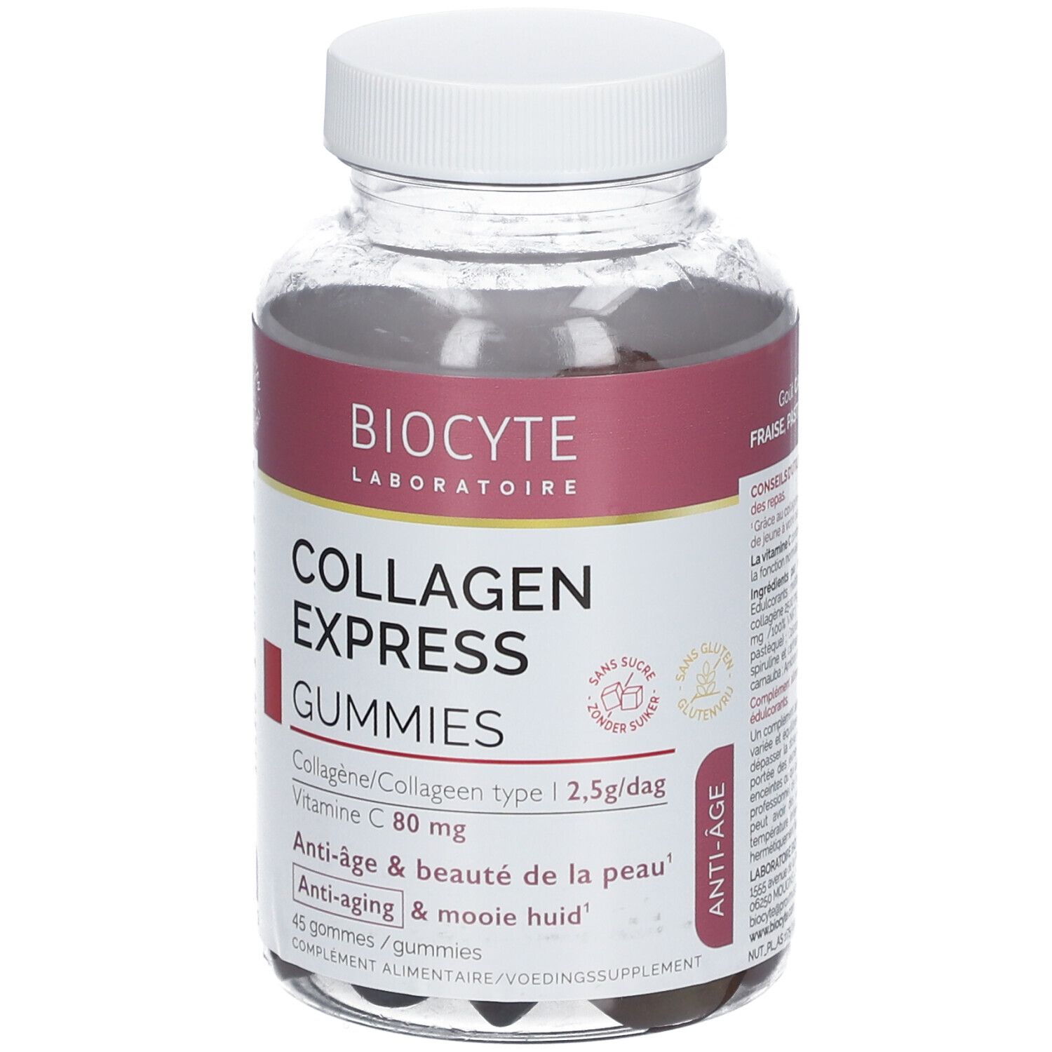Flacon transparent de BIOCYTE Collagen Express Gummies, bouchon blanc. Inscription: Collagen Express Gummies, vitamine C.