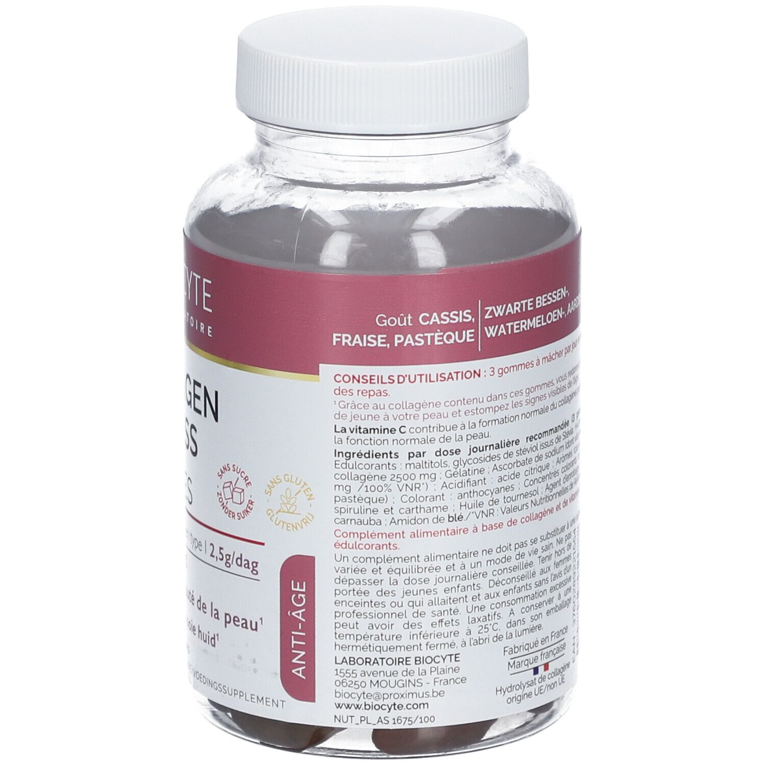 Dos du flacon BIOCYTE Collagen Express Gummies. Texte: saveurs, conseils d'utilisation, sans gluten.
