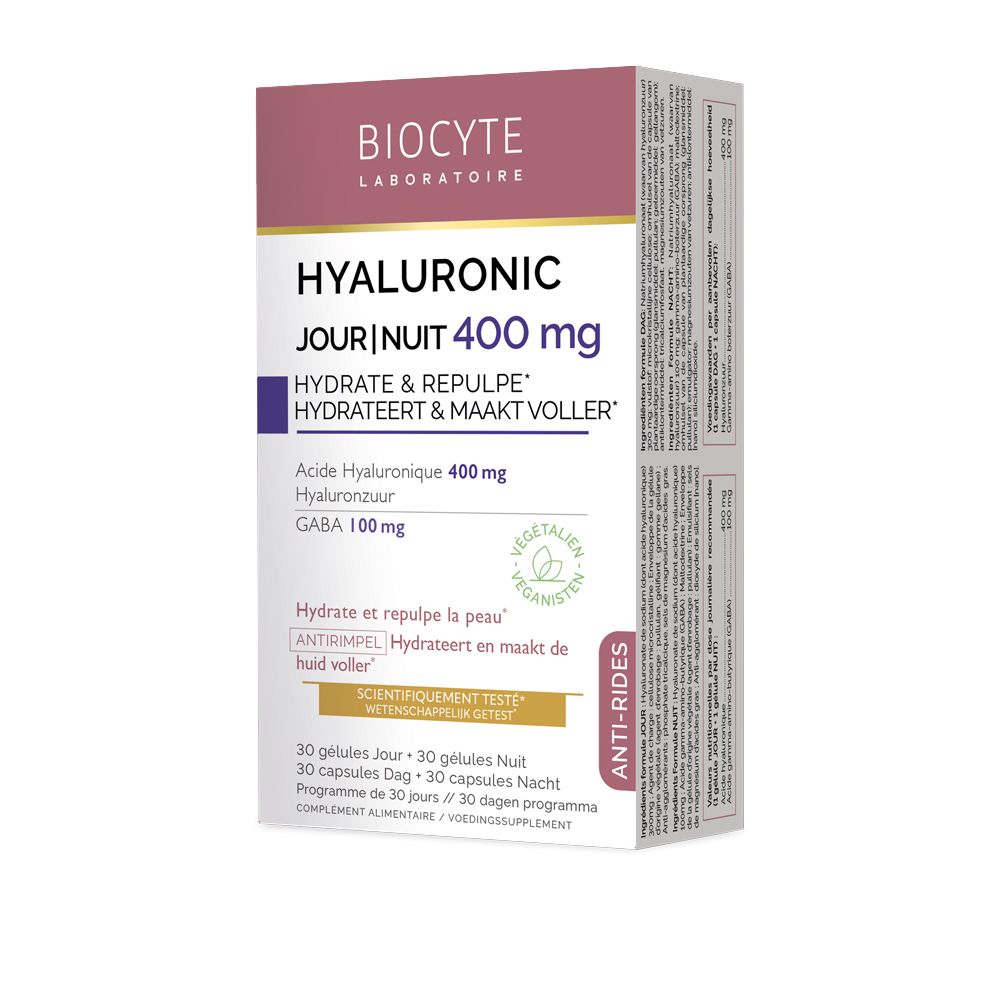 Verpakking BIOCYTE Hyaluron Jour/Nuit. Opschrift: HYALURONIC Jour/Nuit, Hydrate & Repulpe. 30 capsules Dag en 30 capsules Nacht.