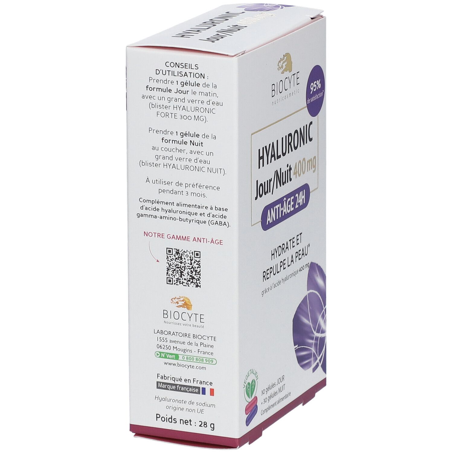 Zijaanzicht van de BIOCYTE Hyaluron Dag/Nacht 400 mg doos. Tekst: HYALURONIC Jour/Nuit 400 mg, Anti-Âge 24H. Bevat 30 capsules DAG en NACHT.