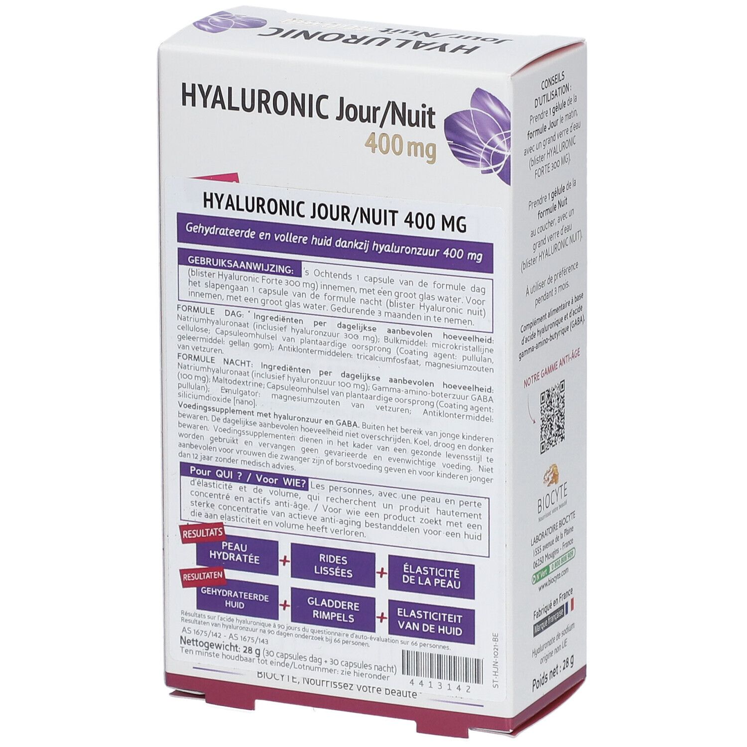 Achterkant van de BIOCYTE Hyaluron Dag/Nacht 400 mg doos. Tekst: HYALURONIC Jour/Nuit 400 mg. Ingrediënten en gebruiksaanwijzing.
