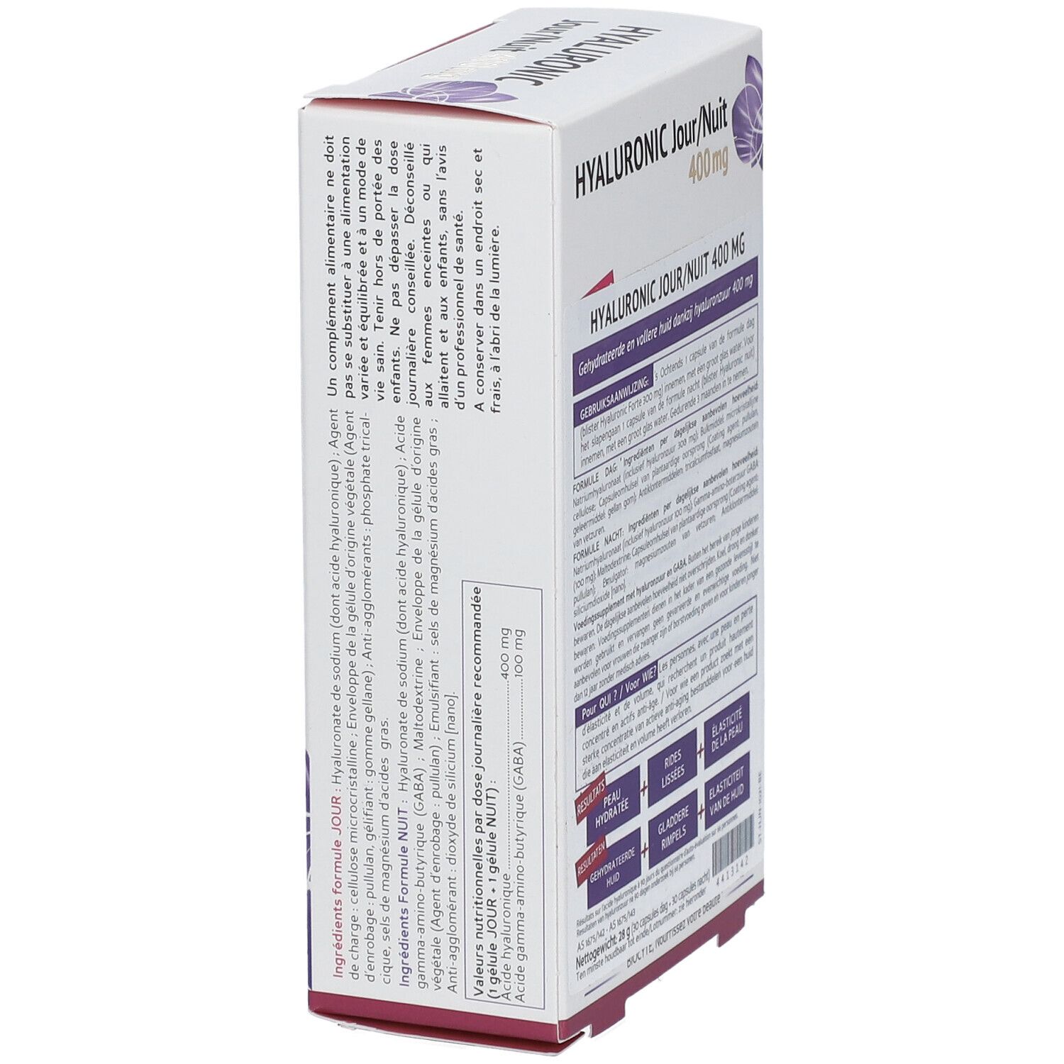 Schuine zijaanzicht van de BIOCYTE Hyaluron Dag/Nacht 400 mg doos. Tekst: HYALURONIC Jour/Nuit 400 mg. Ingrediënten en gebruiksaanwijzing.