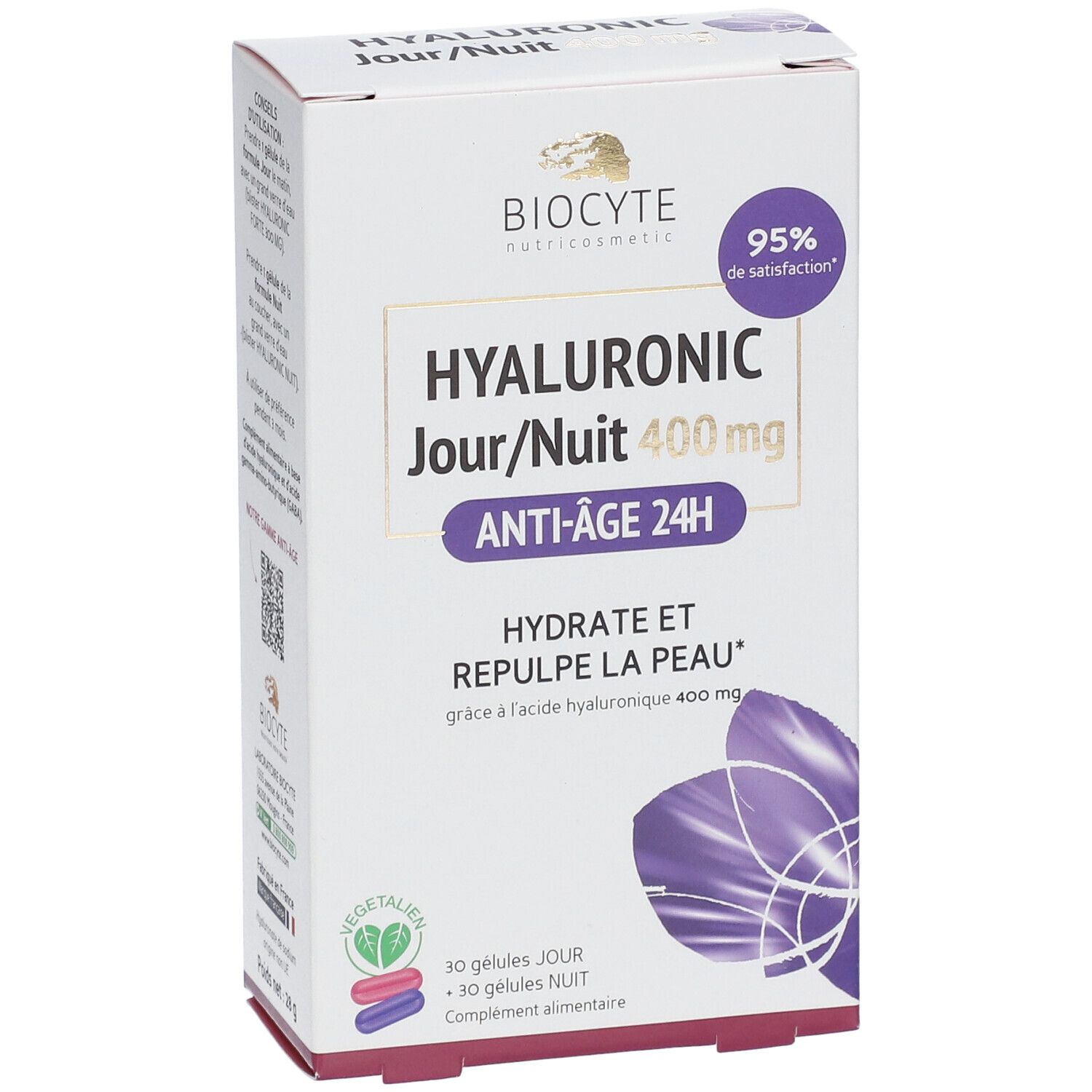 Doos BIOCYTE Hyaluron Dag/Nacht 400 mg. Opschrift: HYALURONIC Jour/Nuit 400 mg, Anti-Âge 24H. 30 capsules DAG en 30 capsules NACHT.