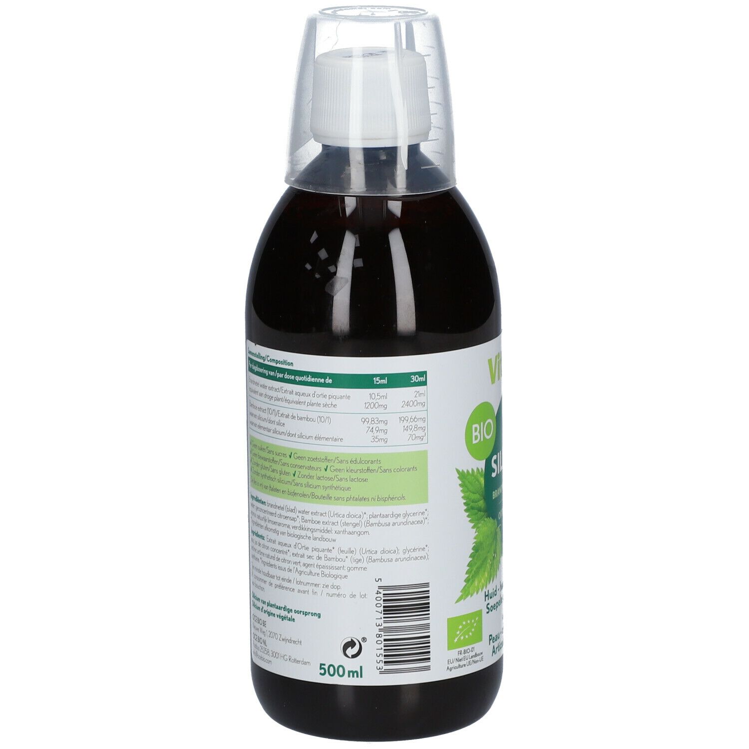 Achterkant van de fles met bruine vloeistof. Bevat informatie over ingrediënten en dosering. Volume: 500 ml.