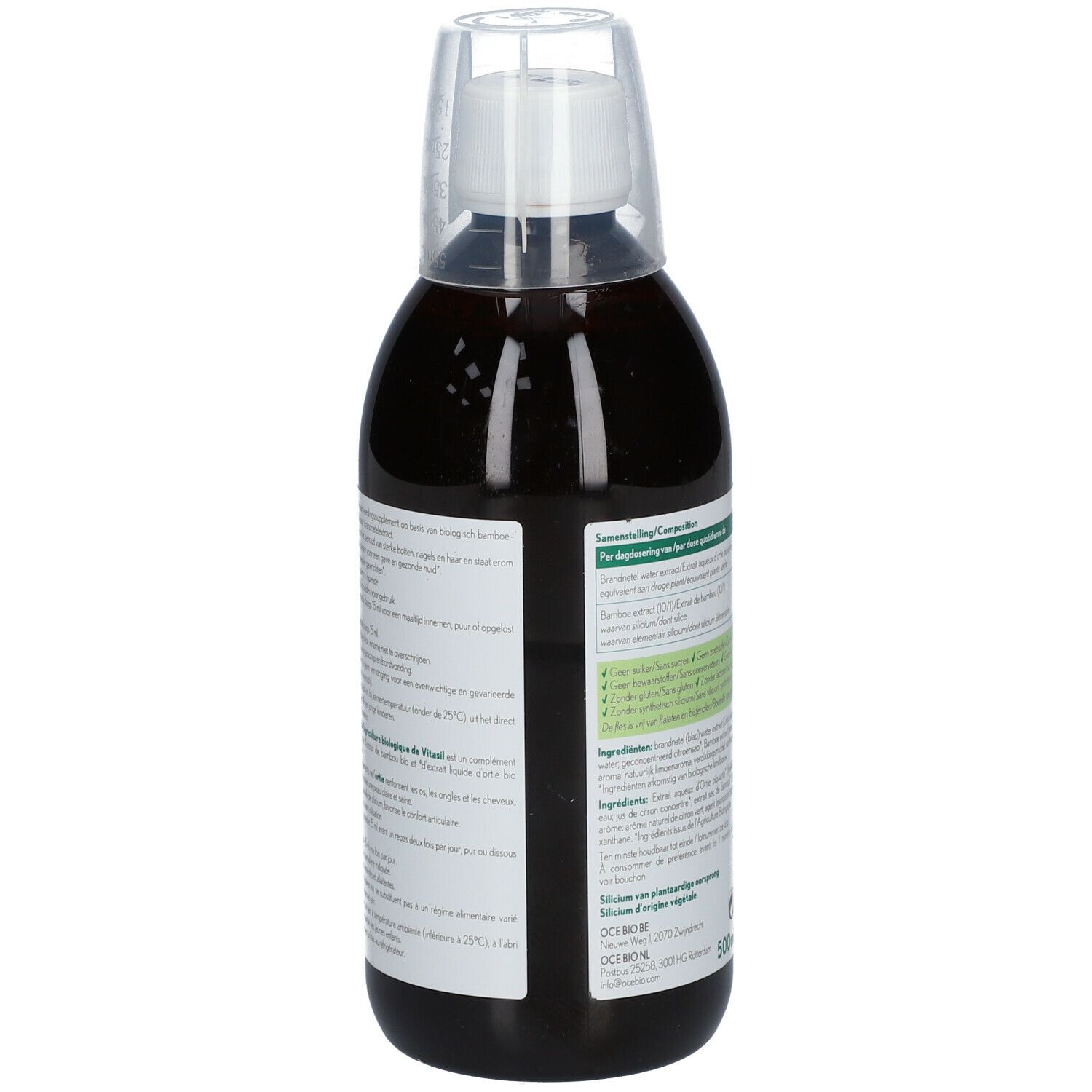 Achterkant van de fles met bruine vloeistof. Bevat informatie over ingrediënten en gebruiksaanwijzing.