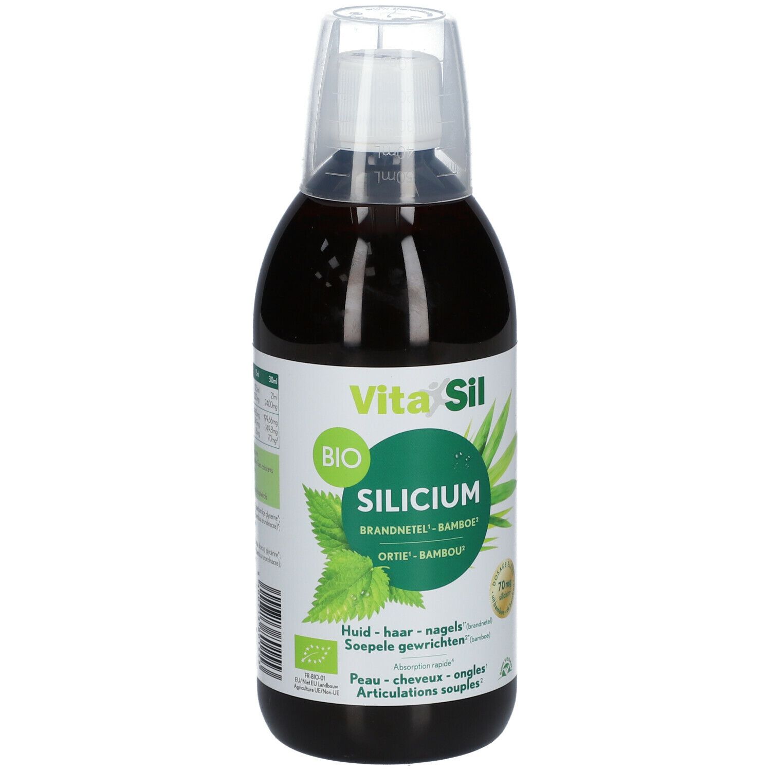 Bruine vloeistof in een fles met doseerdop. Opschrift: VitaSil Silicium, BIO. Bevat brandnetel en bamboe.