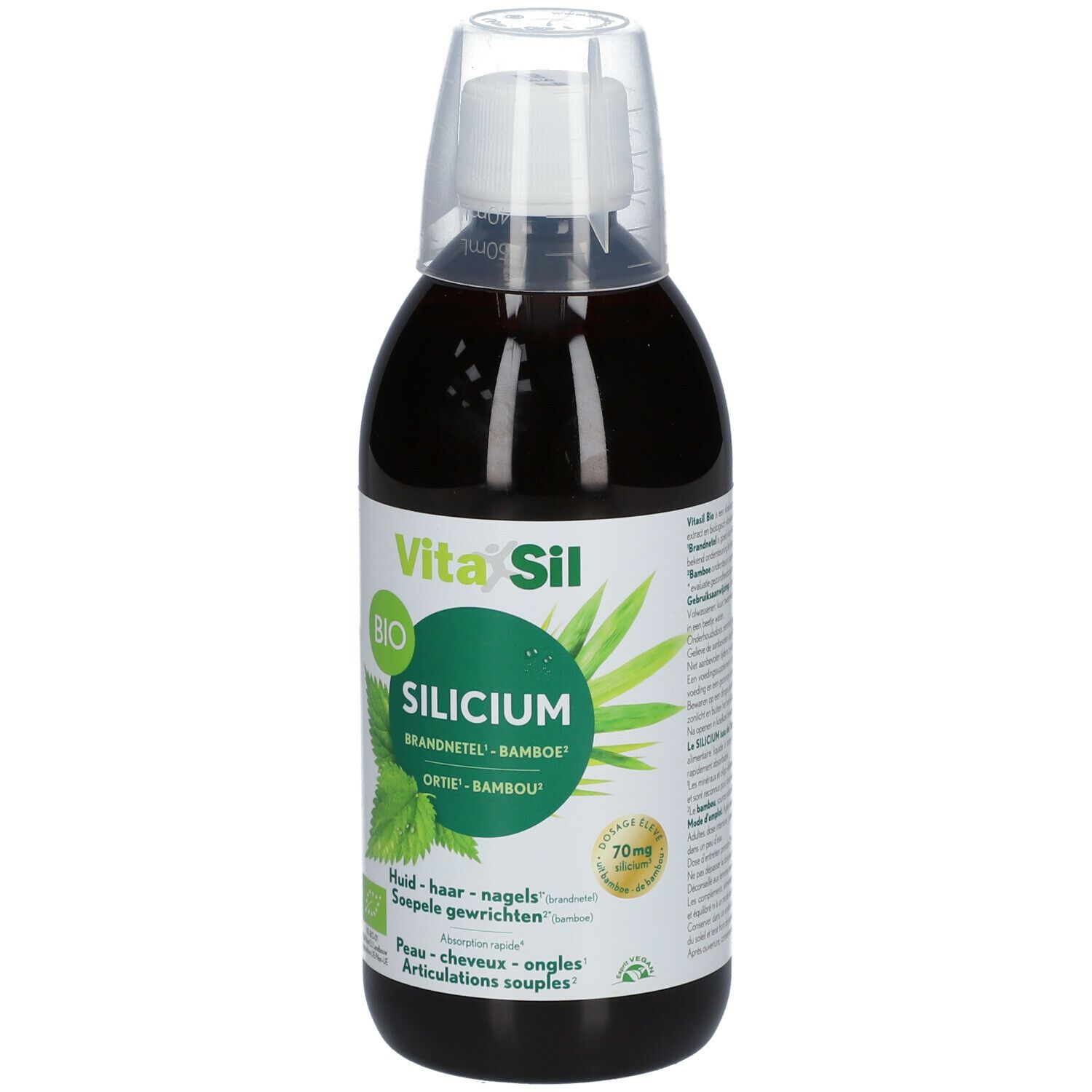Bruine vloeistof in een fles met doseerdop. Opschrift: VitaSil Silicium, BIO. Bevat brandnetel en bamboe. 70mg.