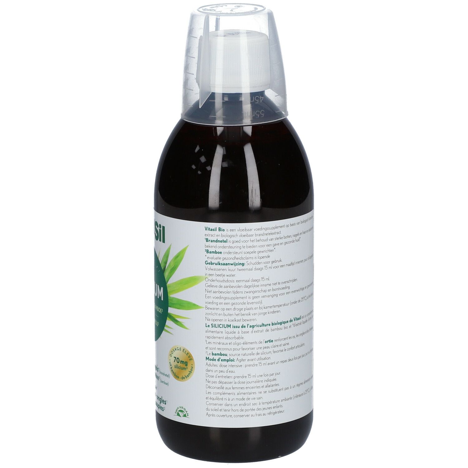 Achterkant van de fles met bruine vloeistof. Bevat informatie over ingrediënten en gebruiksaanwijzing. 70mg.