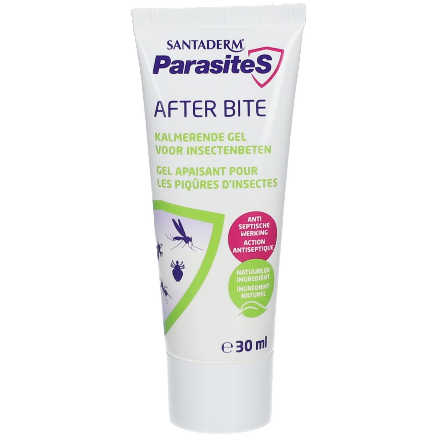 Tube mit SantaDerm ParasiteS After Bite. Gel für Insektenstiche. 30 ml. Mit Illustrationen von Insekten.