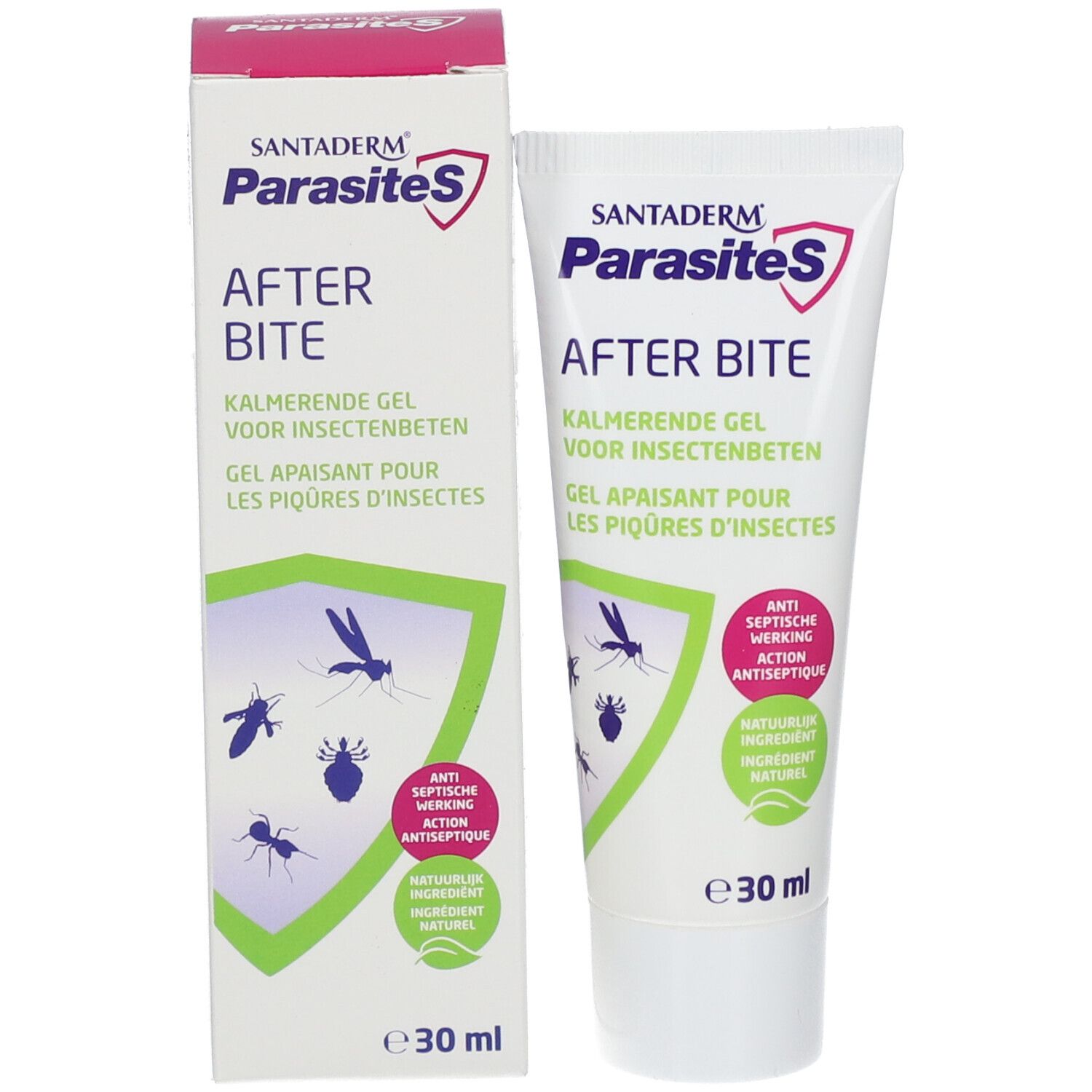 SantaDerm ParasiteS After Bite, Tube und Schachtel. Gel für Insektenstiche. 30 ml. Mit Illustrationen von Insekten.