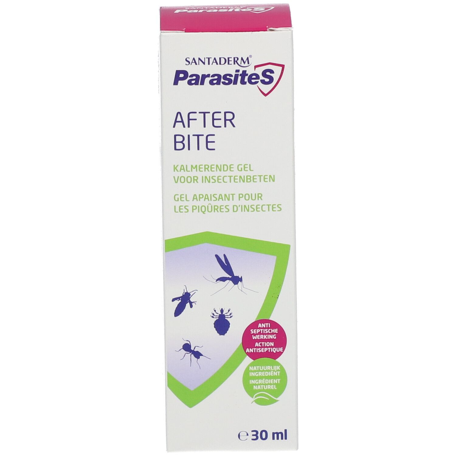 SantaDerm ParasiteS After Bite, Schachtel. Gel für Insektenstiche. 30 ml. Mit Illustrationen von Insekten.