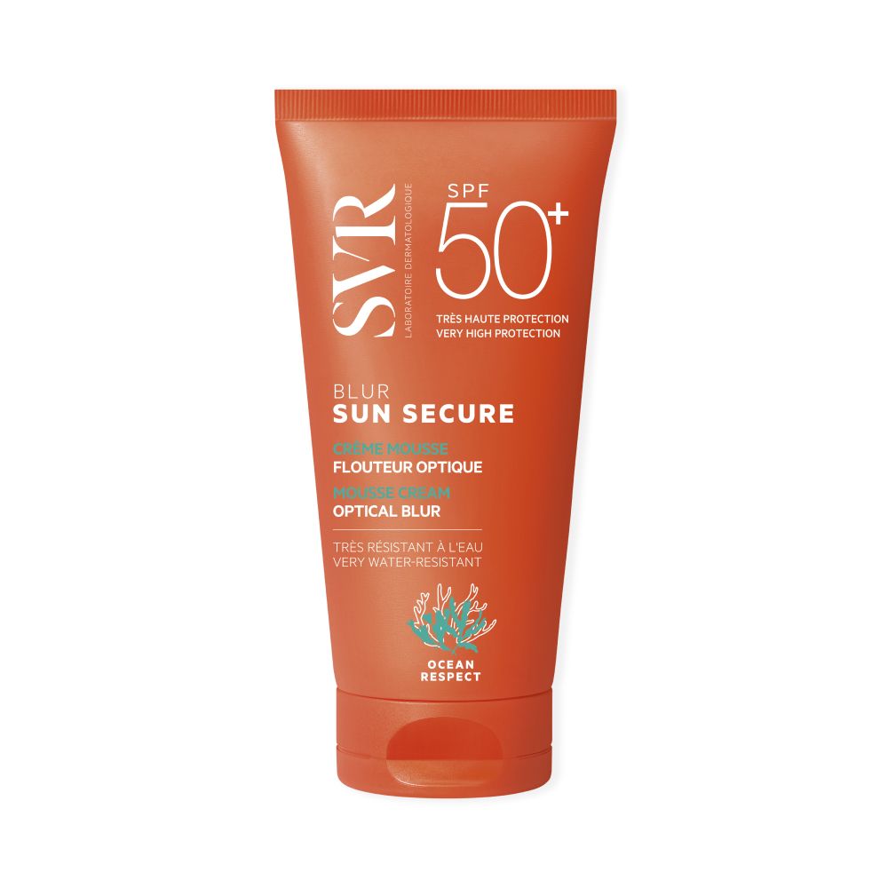 Tube orange SVR SPF 50+. Nom du produit: Blur Sun Secure. Crème Mousse, Optical Blur. Très résistant à l'eau.