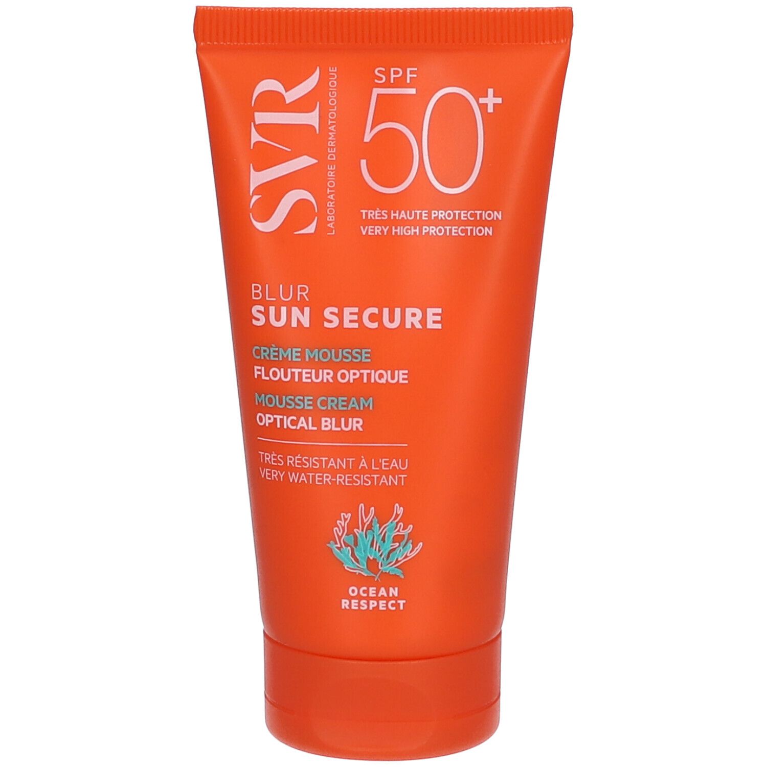 Tube orange SVR SPF 50+. Nom du produit: Blur Sun Secure. Crème Mousse, Optical Blur. Très résistant à l'eau.