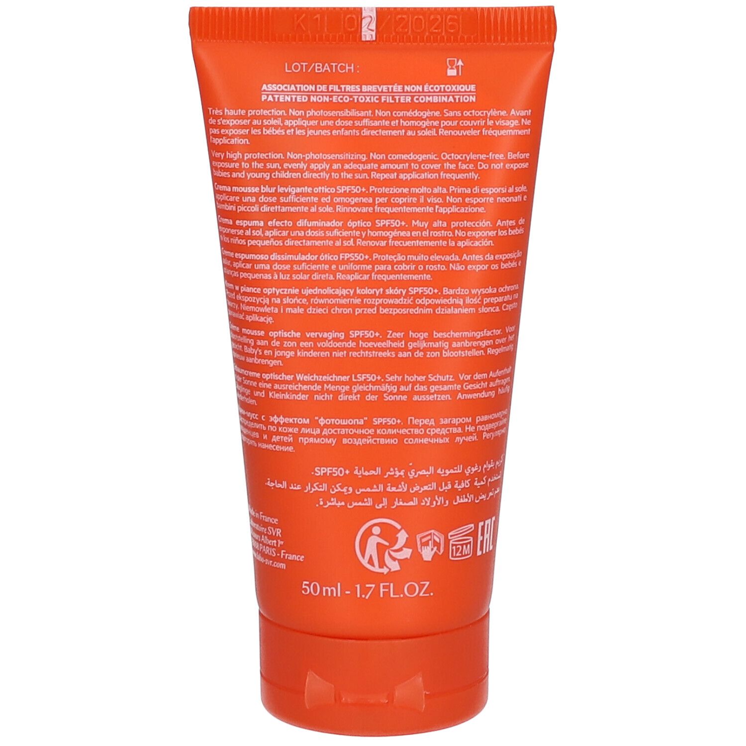 Dos du tube orange. Texte: SPF 50+, 50ml, ingrédients, mode d'emploi. Certification: Eco-Tox.