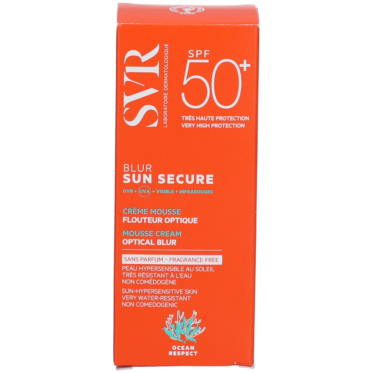 Boîte orange. Nom du produit: Blur Sun Secure. SPF 50+. Crème Mousse, Optical Blur. Sans parfum.