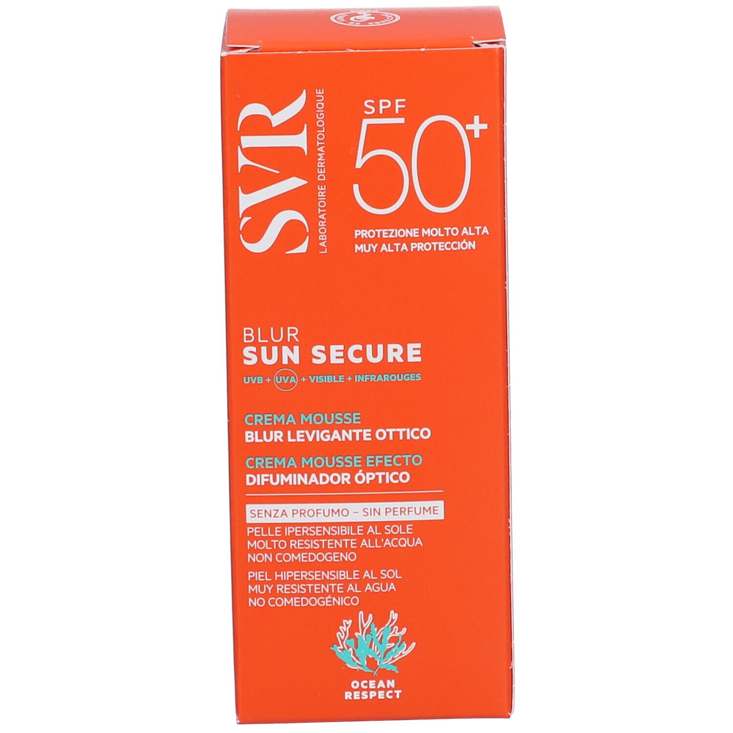Côté de la boîte orange. Nom du produit: Blur Sun Secure. SPF 50+. Crème Mousse, Optical Blur. Sans parfum.