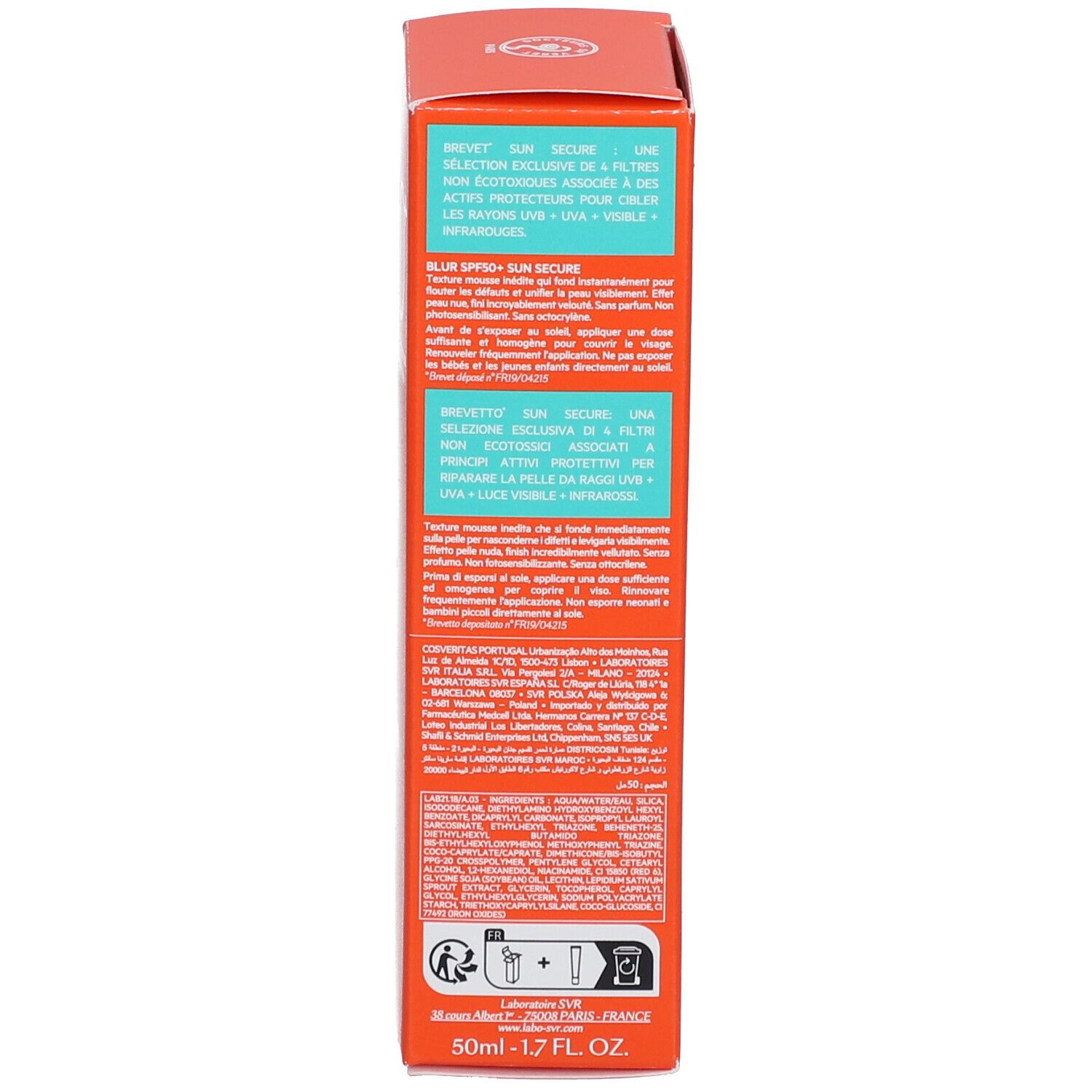 Dos de la boîte orange. Texte: Blur Sun Secure, SPF 50+, ingrédients, mode d'emploi. 50ml.