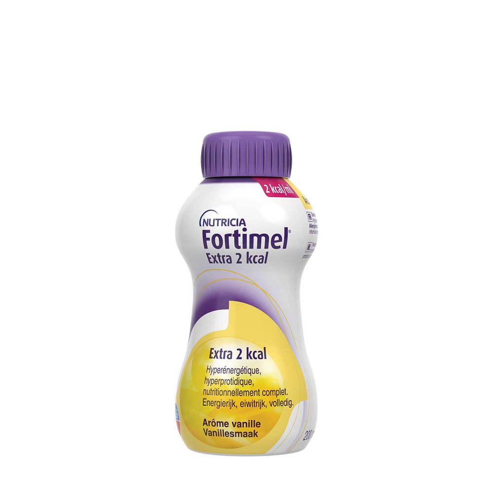 Bouteille unique NUTRICIA Fortimel Extra 2 kcal Vanille. Bouchon violet. Inscriptions : calories, protéines, goût vanille.