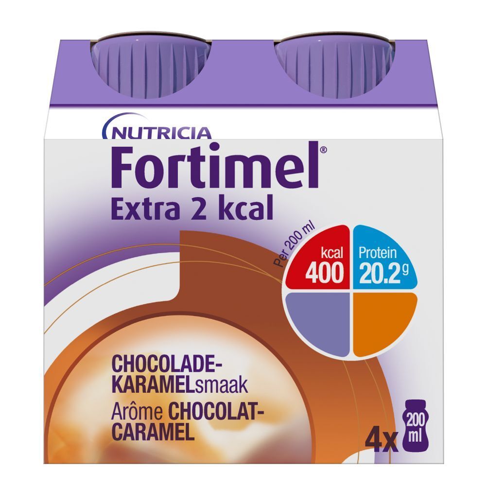 Emballage de 4 bouteilles Fortimel Extra 2 kcal. Goût chocolat-caramel. Contient 400 kcal et 20,2 g de protéines.