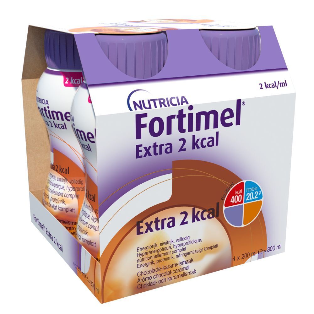 Emballage de 4 bouteilles Fortimel Extra 2 kcal. Goût chocolat-caramel. 2 kcal/ml. Contient 400 kcal et 20,2 g de protéines.