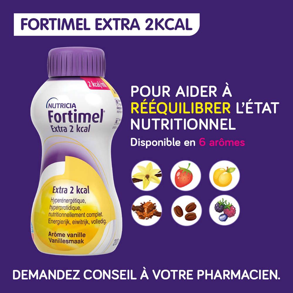 Bouteille Fortimel Extra 2 kcal. 6 saveurs : vanille, fraise, abricot, chocolat, café, baies.