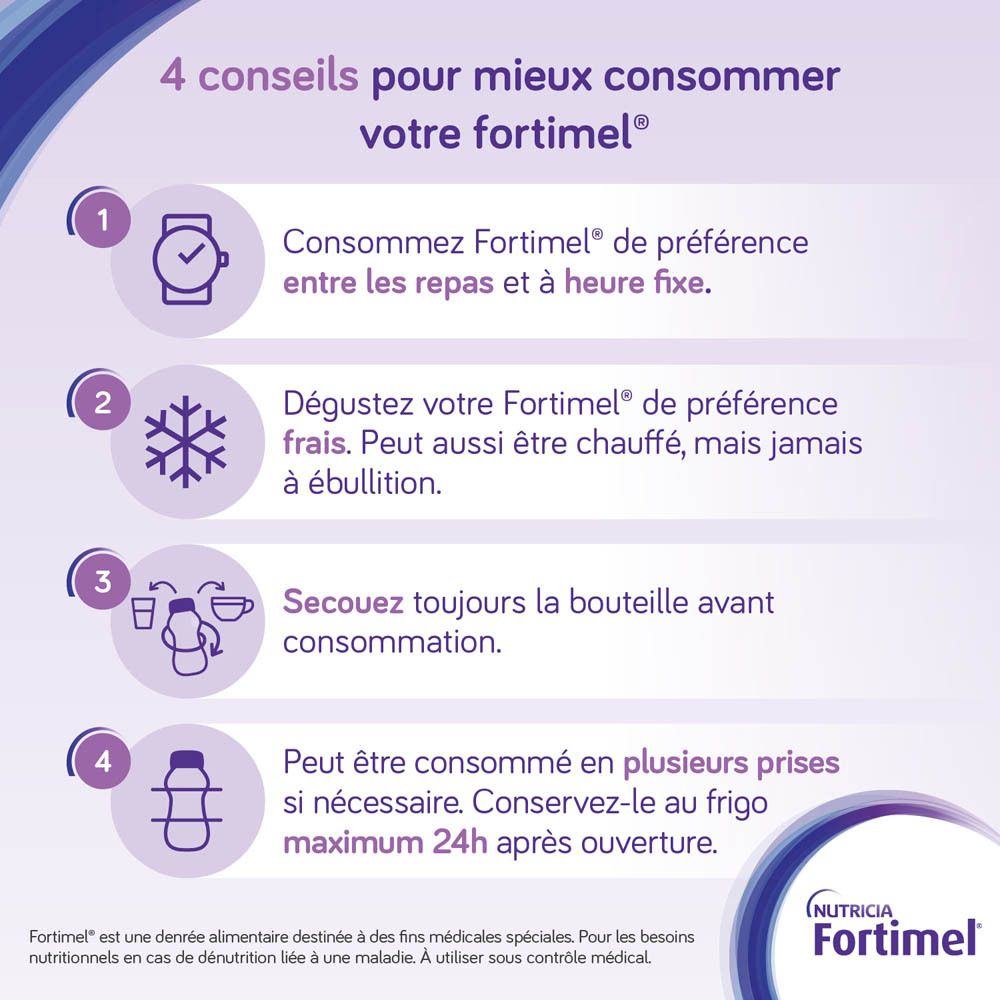 4 conseils pour consommer Fortimel. Entre les repas, frais, agiter avant, en plusieurs prises.