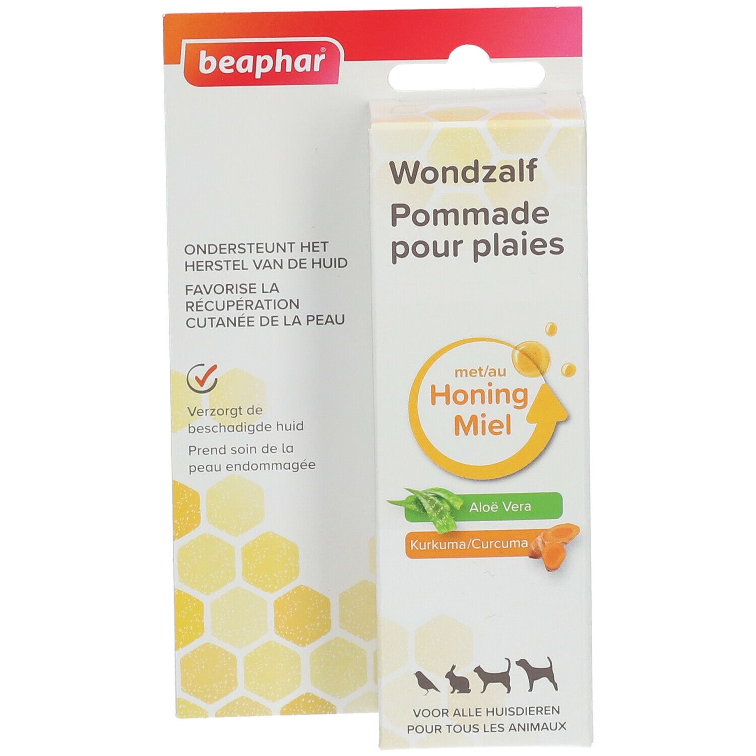 Beaphar Wondzalf, honing, aloë vera en kurkuma. Verpakking met productinformatie en logo.