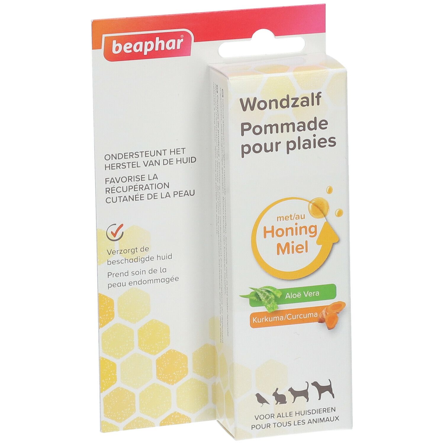Beaphar Wondzalf, honing, aloë vera en kurkuma. Verpakking met productinformatie en logo.