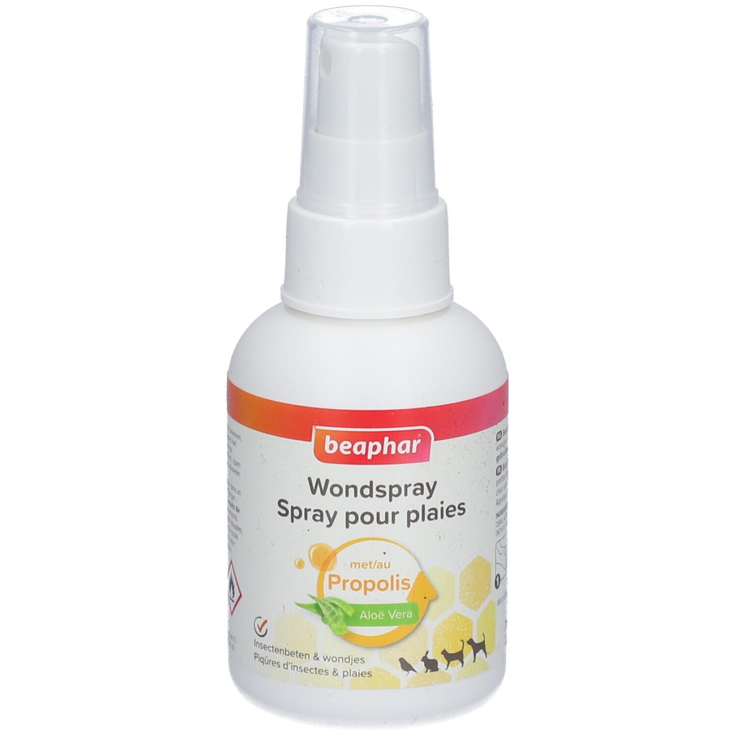 Flacon spray blanc avec étiquette orange et rouge. Texte : Beaphar Wondspray Spray pour plaies. Avec Propolis et Aloe Vera.