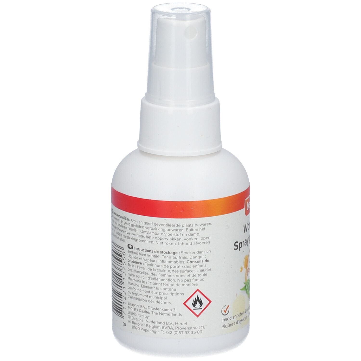 Dos du flacon spray blanc. Texte et pictogrammes. Avertissement. Informations de stockage et mode d'emploi.