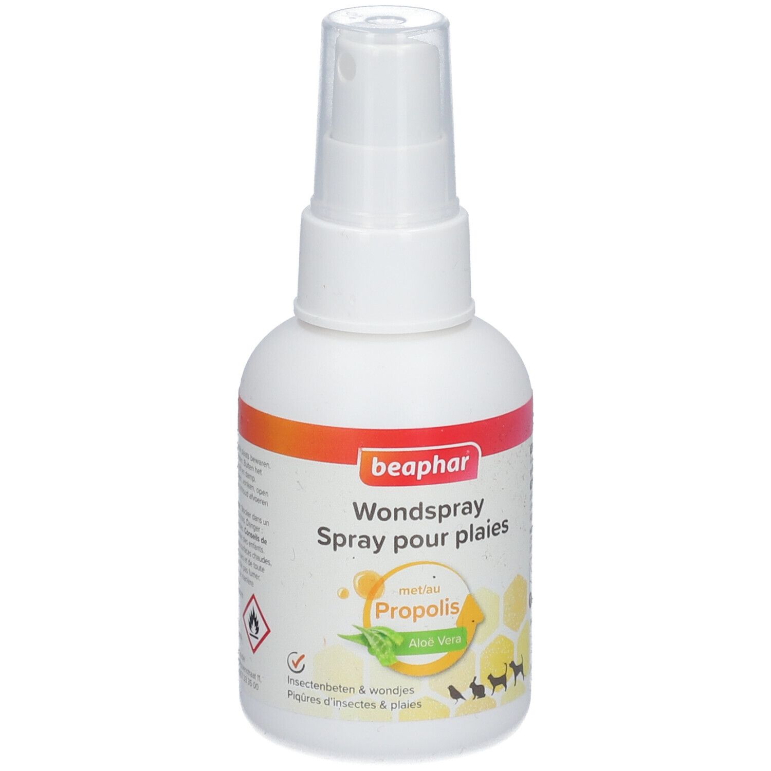Flacon spray blanc avec étiquette orange et rouge. Texte : Beaphar Wondspray Spray pour plaies. Avec Propolis et Aloe Vera.