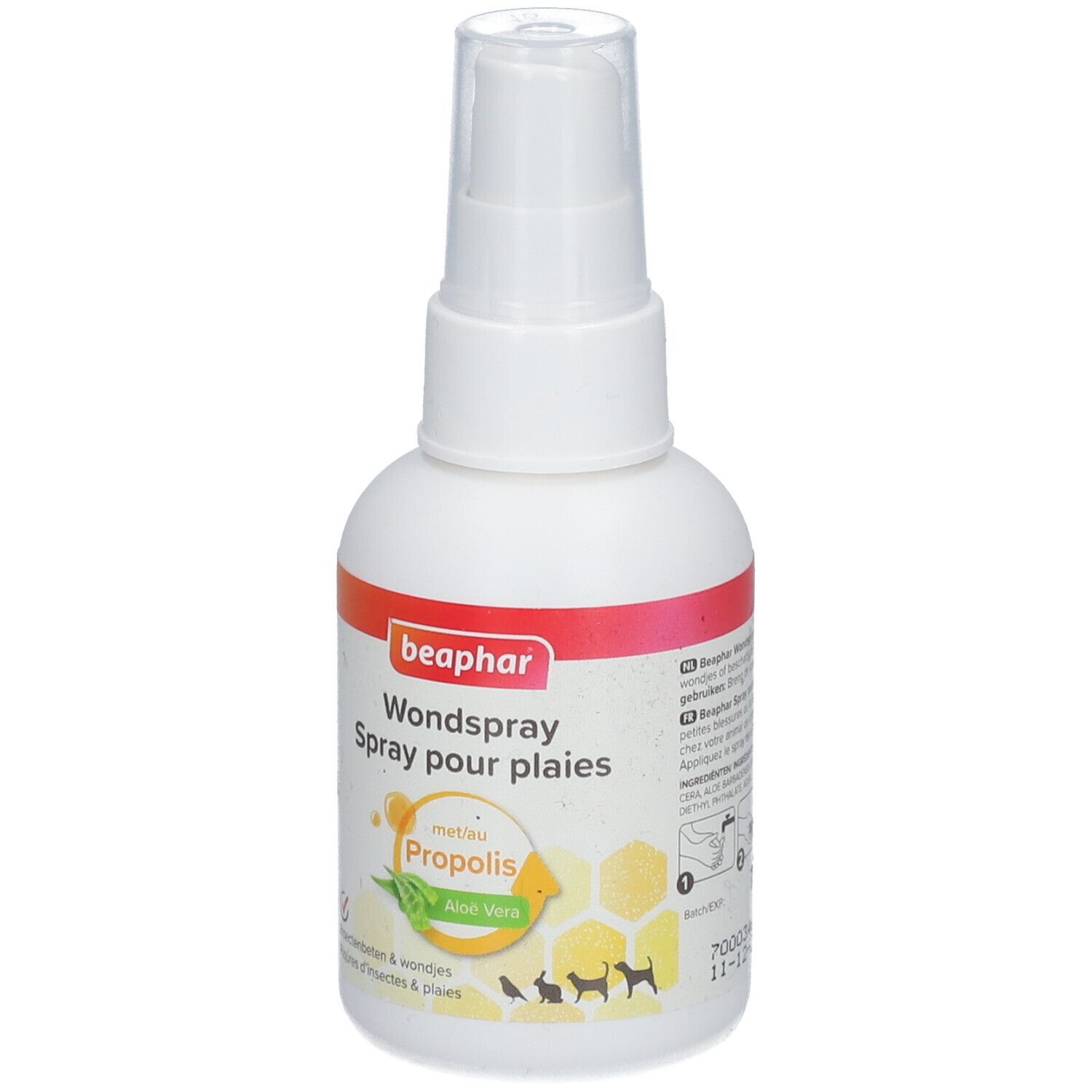 Flacon spray blanc avec étiquette orange et rouge. Texte : Beaphar Wondspray Spray pour plaies. Avec Propolis et Aloe Vera.