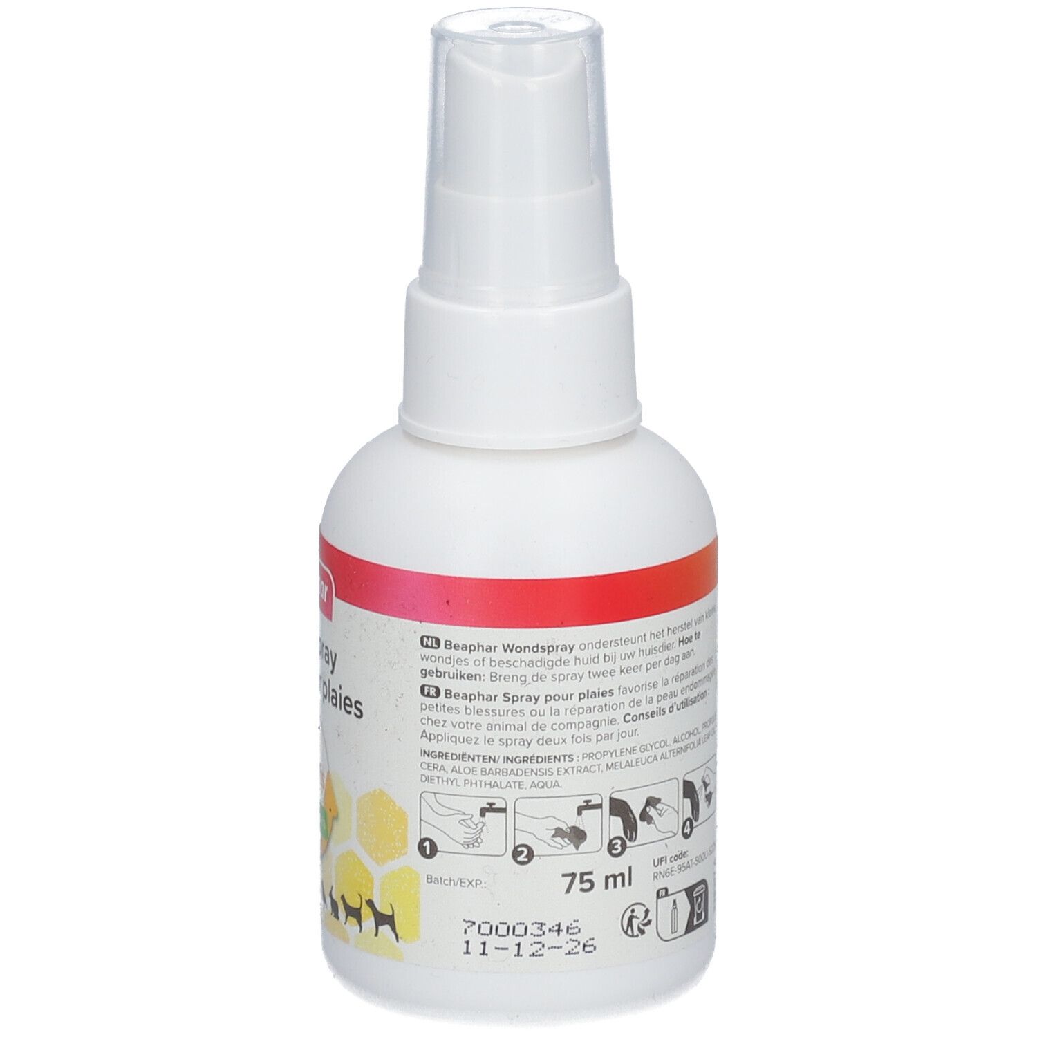 Dos du flacon spray blanc. Texte et pictogrammes. Mode d'emploi. Volume : 75 ml. Date de péremption.
