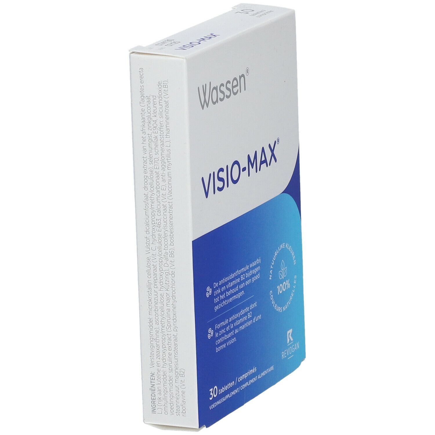 Boîte Wassen Visio-Max, en biais. Emballage blanc et bleu avec nom du produit et 30 comprimés. Contient des informations sur les ingrédients.