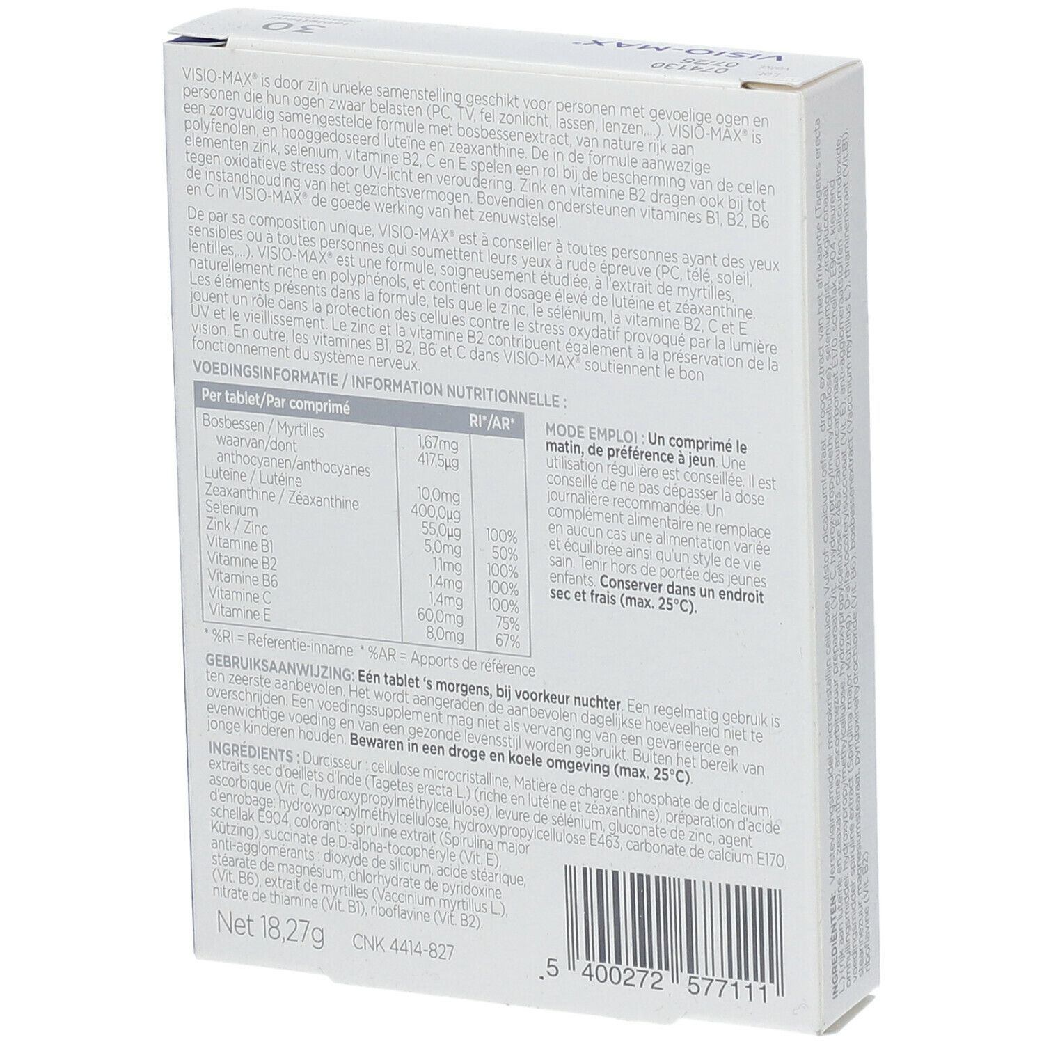 Dos de la boîte Wassen Visio-Max. Contient des informations sur les ingrédients, le dosage et les informations nutritionnelles. Avec code-barres.