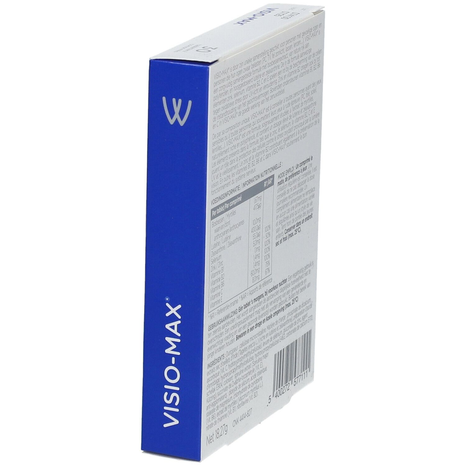 Boîte Wassen Visio-Max, vue latérale. Emballage blanc et bleu avec nom du produit. Contient des informations sur les ingrédients.