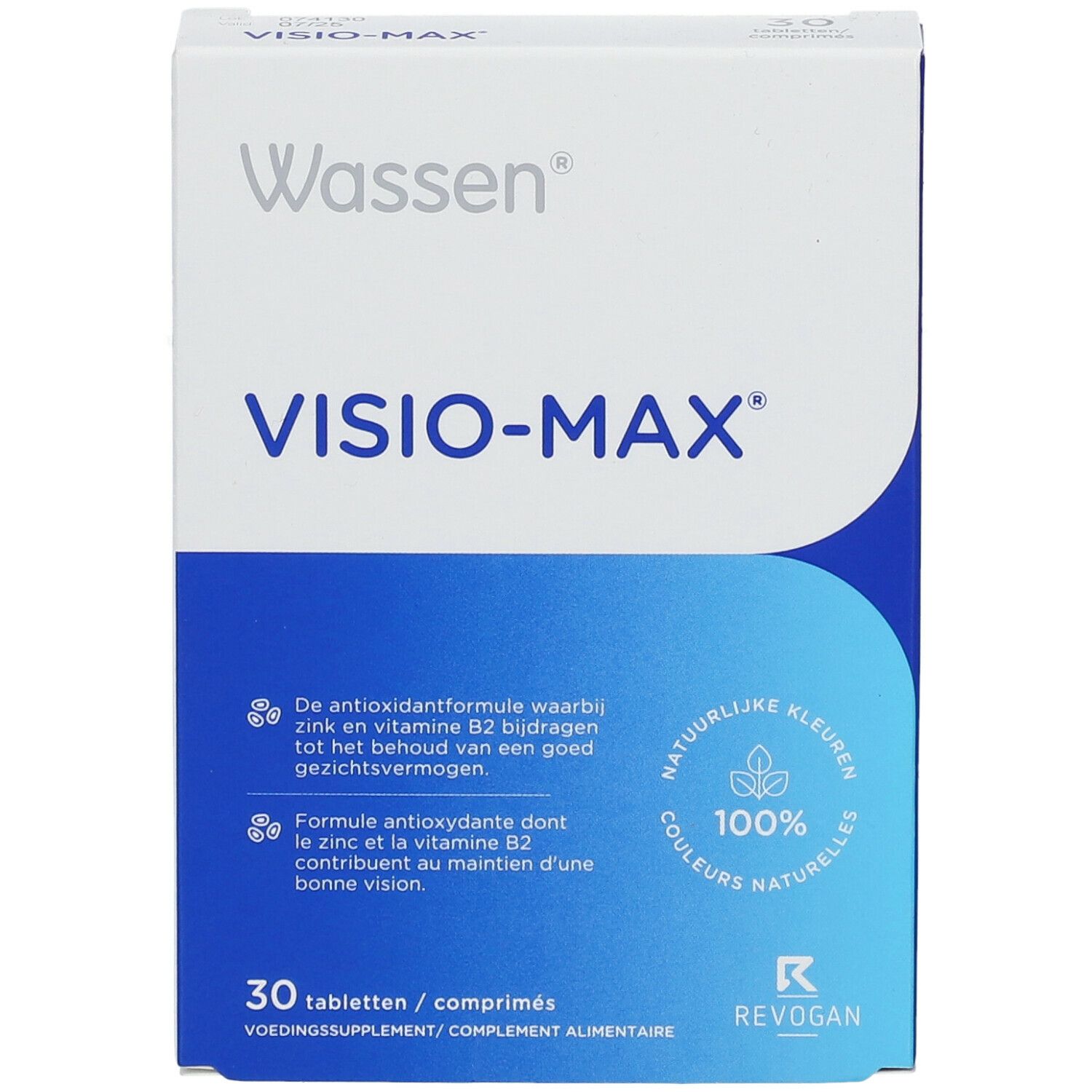 Boîte Wassen Visio-Max. Emballage blanc et bleu avec nom du produit et 30 comprimés. Contient des informations sur les ingrédients.