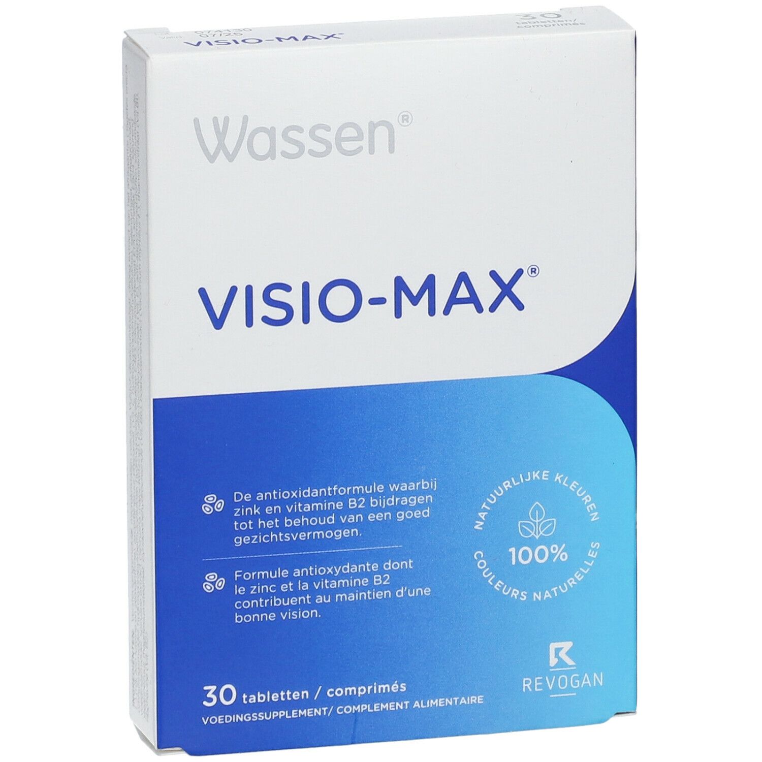 Boîte Wassen Visio-Max. Emballage blanc et bleu avec nom du produit et 30 comprimés. Contient des informations sur les ingrédients.