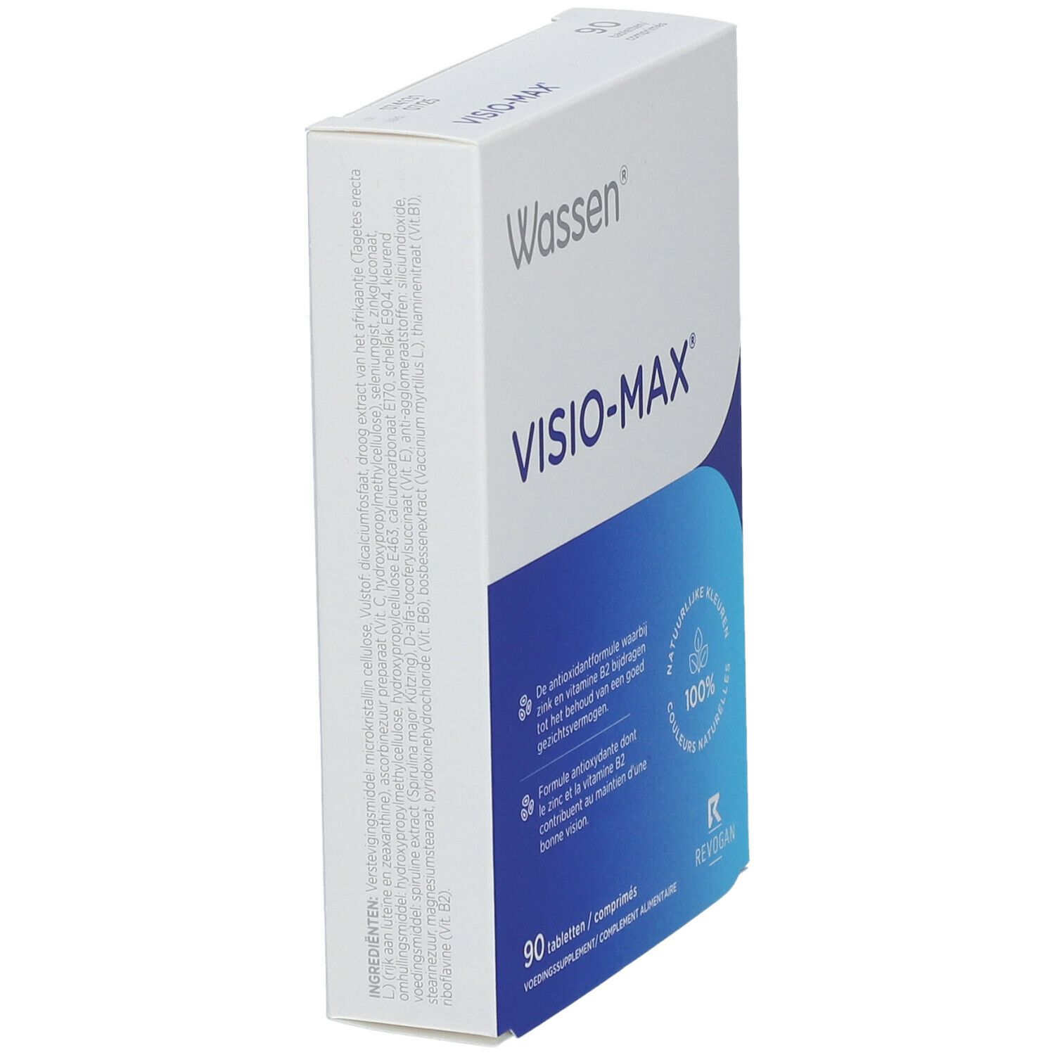 Boîte Wassen Visio-Max en biais. Nom et logo du produit visibles. 90 comprimés.