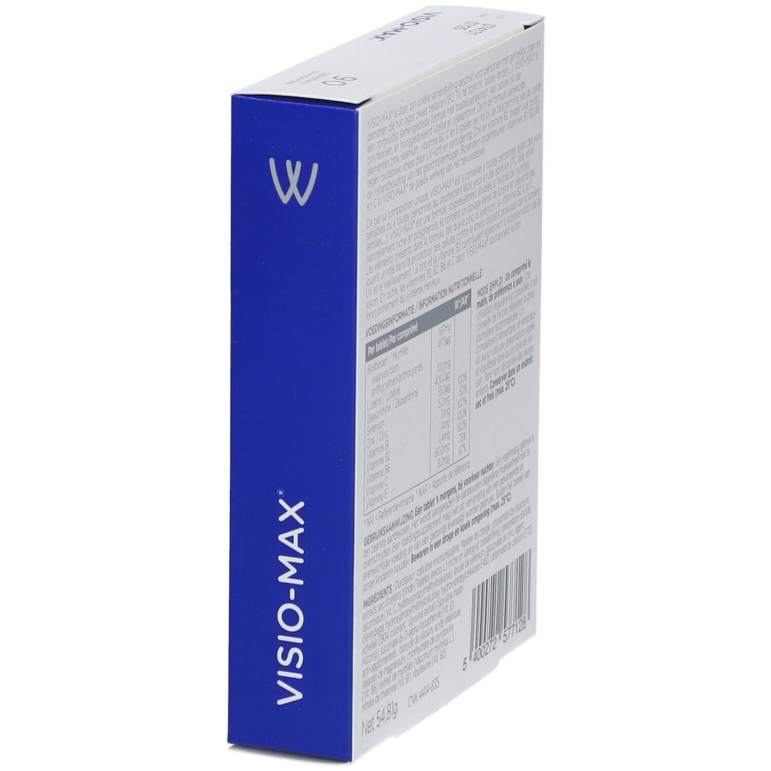 Côté bleu de la boîte Wassen Visio-Max. Nom et logo du produit. Informations textuelles.