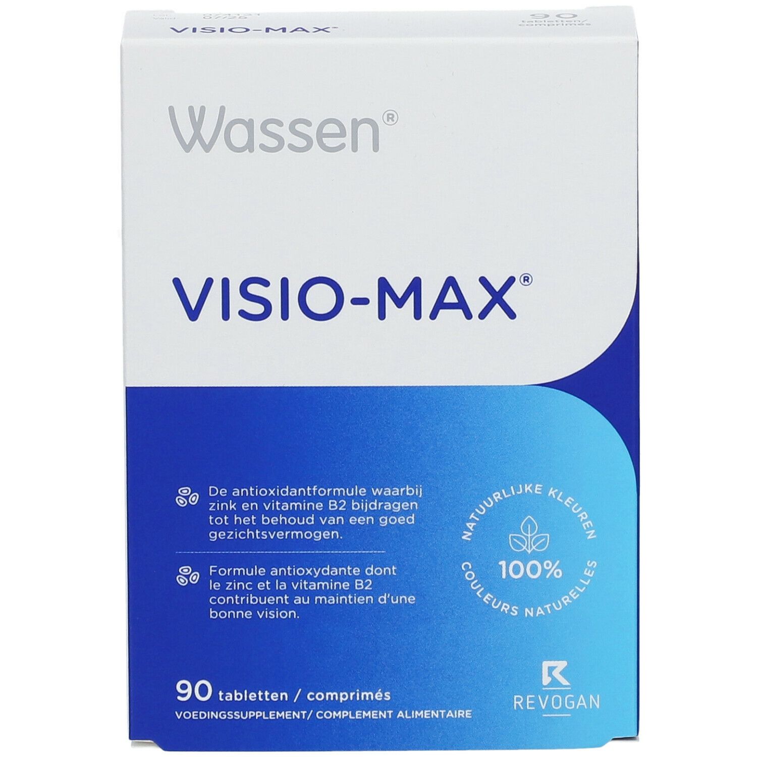Boîte Wassen Visio-Max. Emballage blanc et bleu avec nom et logo du produit. 90 comprimés.