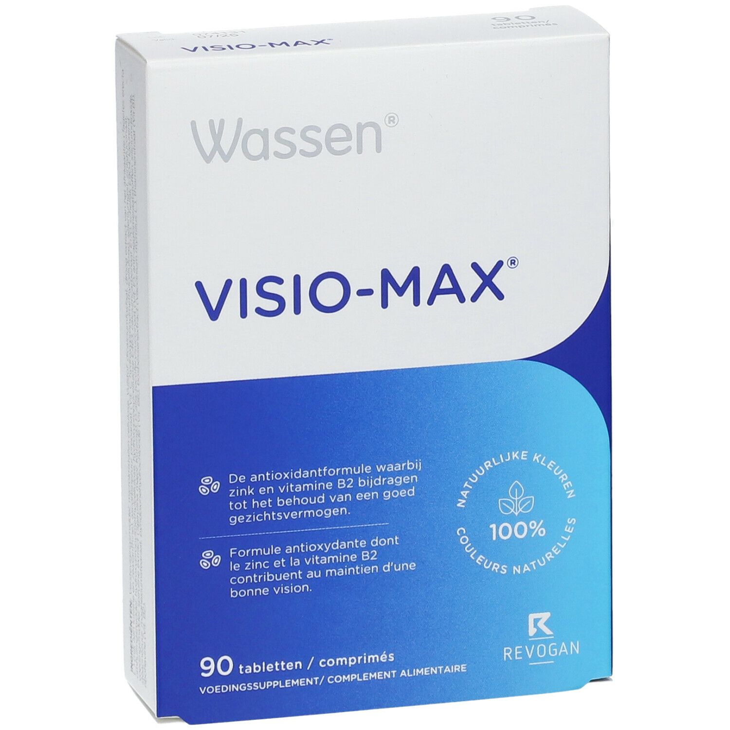 Boîte Wassen Visio-Max. Emballage blanc et bleu avec nom et logo du produit. 90 comprimés.