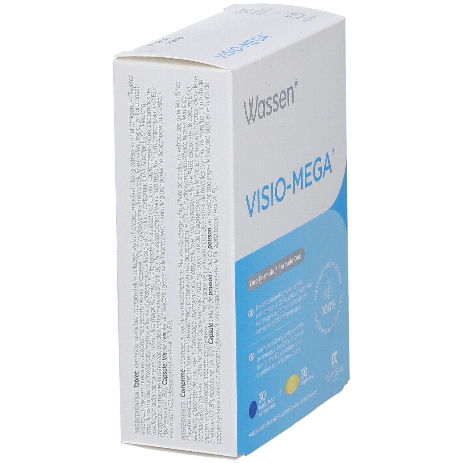 Boîte Wassen Visio-Mega, en biais. Emballage bleu et blanc avec nom du produit et Formule Duo. 30 comprimés/capsules.