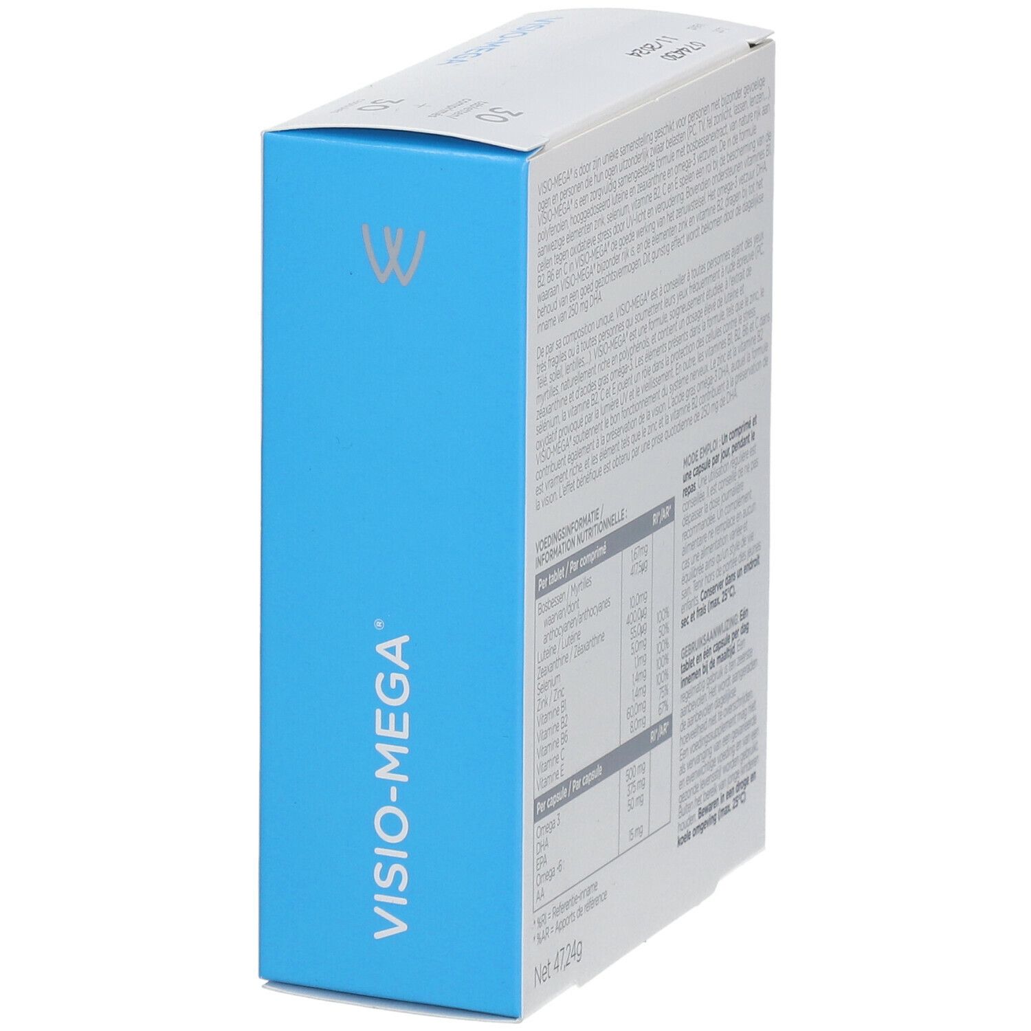 Boîte Wassen Visio-Mega, en biais. Côté bleu avec nom du produit et informations. Texte multilingue.