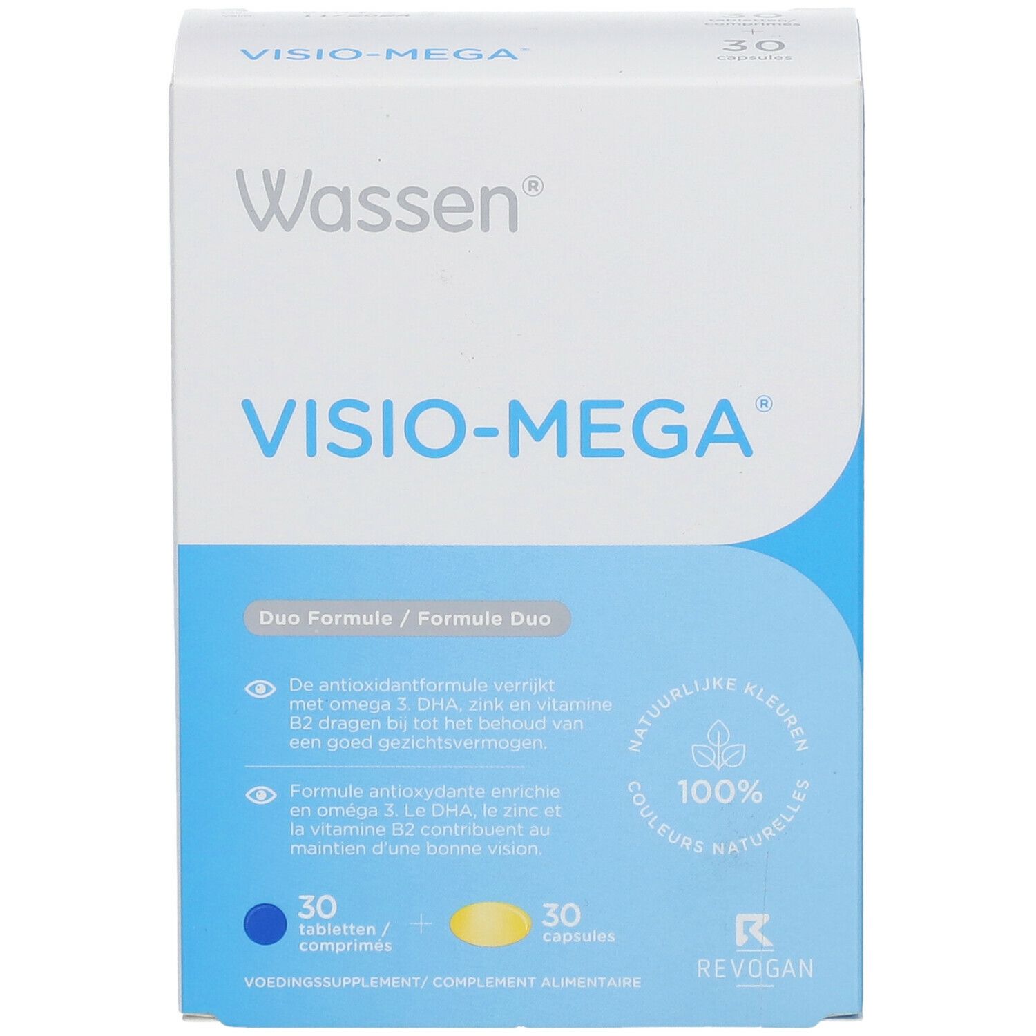 Boîte Wassen Visio-Mega. Emballage bleu et blanc avec nom du produit et 30 comprimés/capsules. Formule Duo.