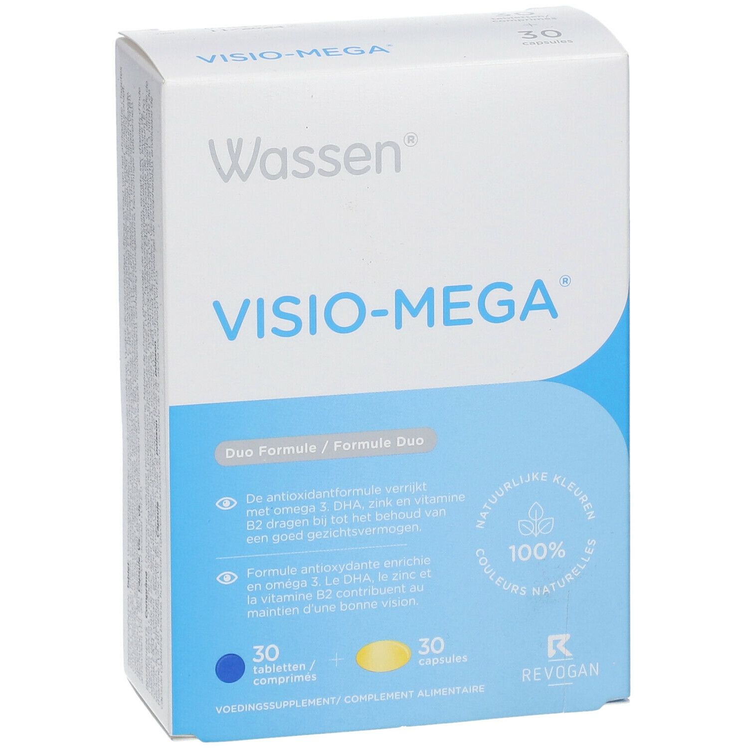 Boîte Wassen Visio-Mega. Emballage bleu et blanc avec nom du produit et 30 comprimés/capsules. Formule Duo.