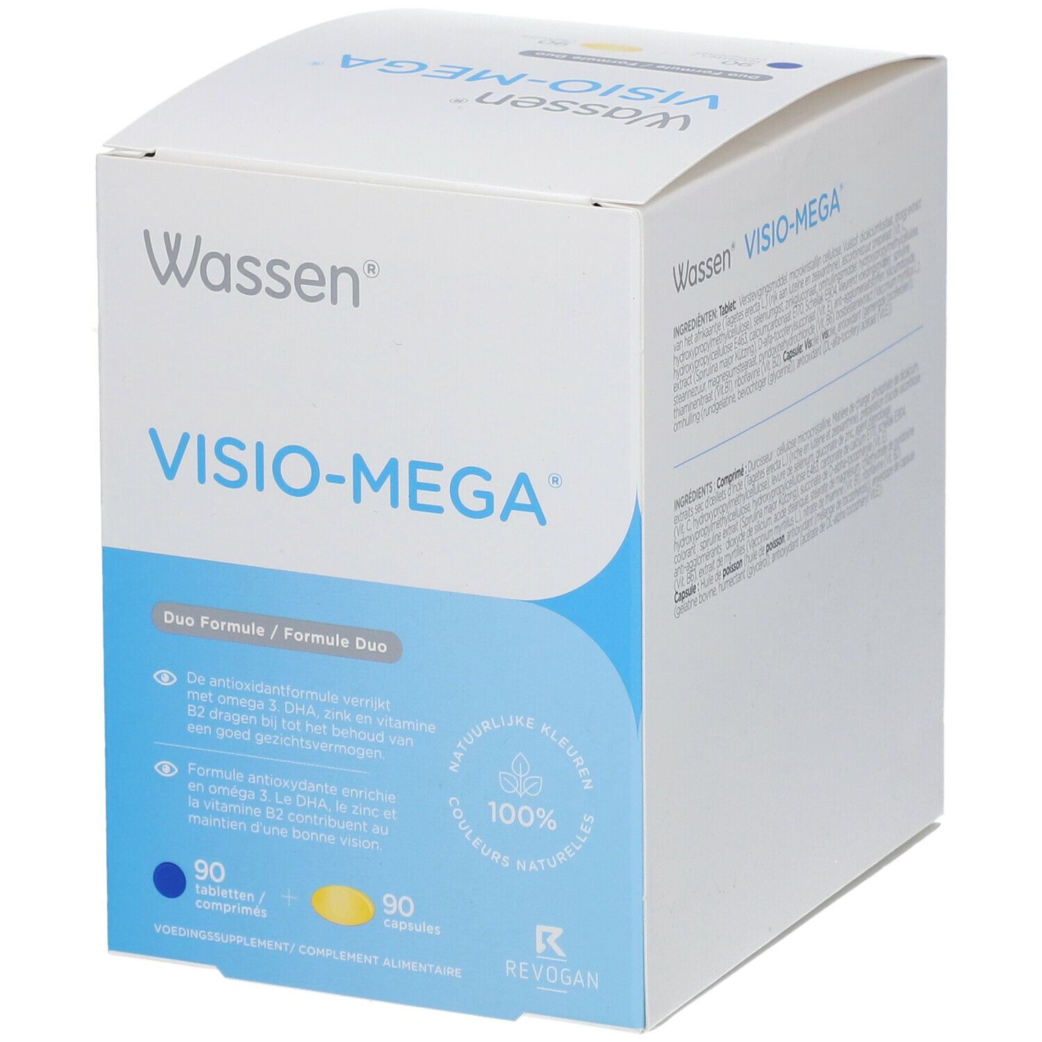 Wassen Visio-Mega Duo Formule verpakking. Bevat 90 tabletten en 90 capsules. Blauwe en gele accenten. Revogan logo.