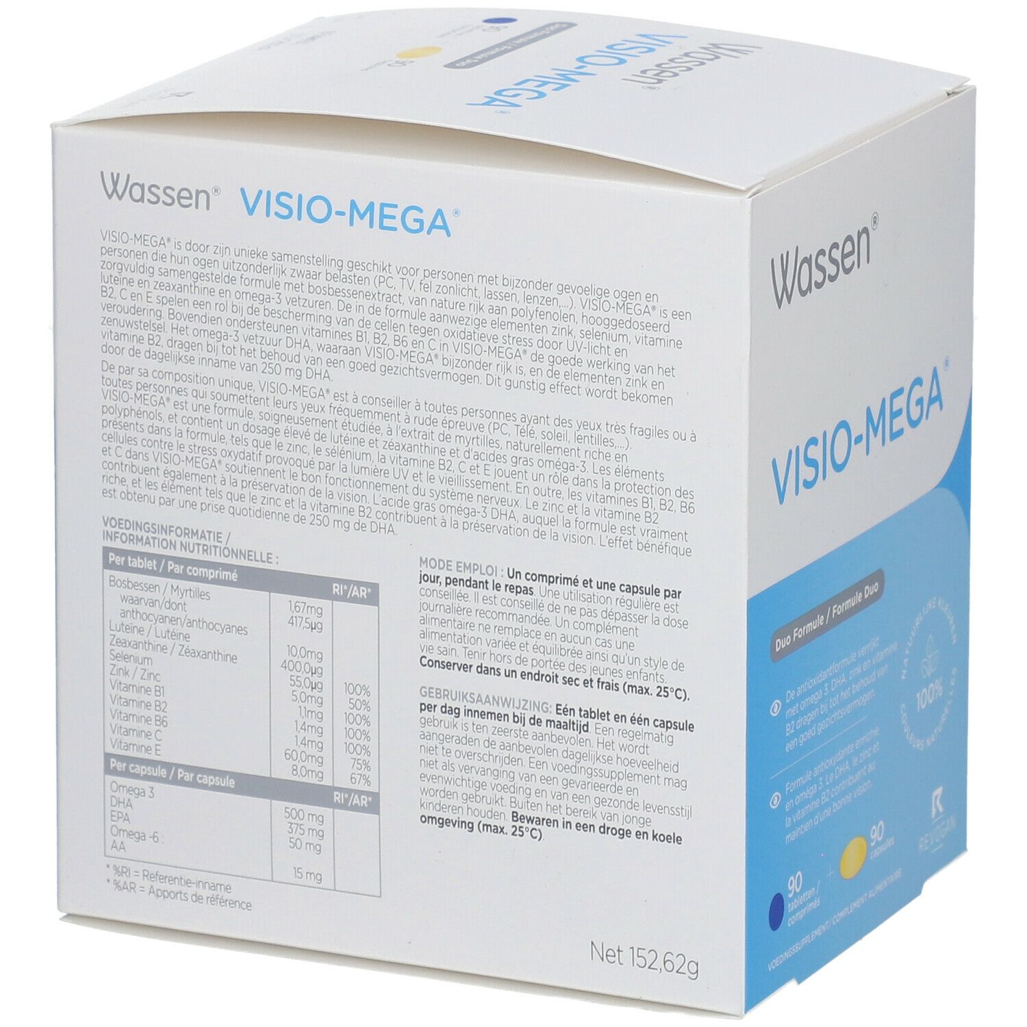 Achterkant van de Wassen Visio-Mega verpakking. Bevat informatie over ingrediënten en voedingswaarden. Gewicht: 152,62g.